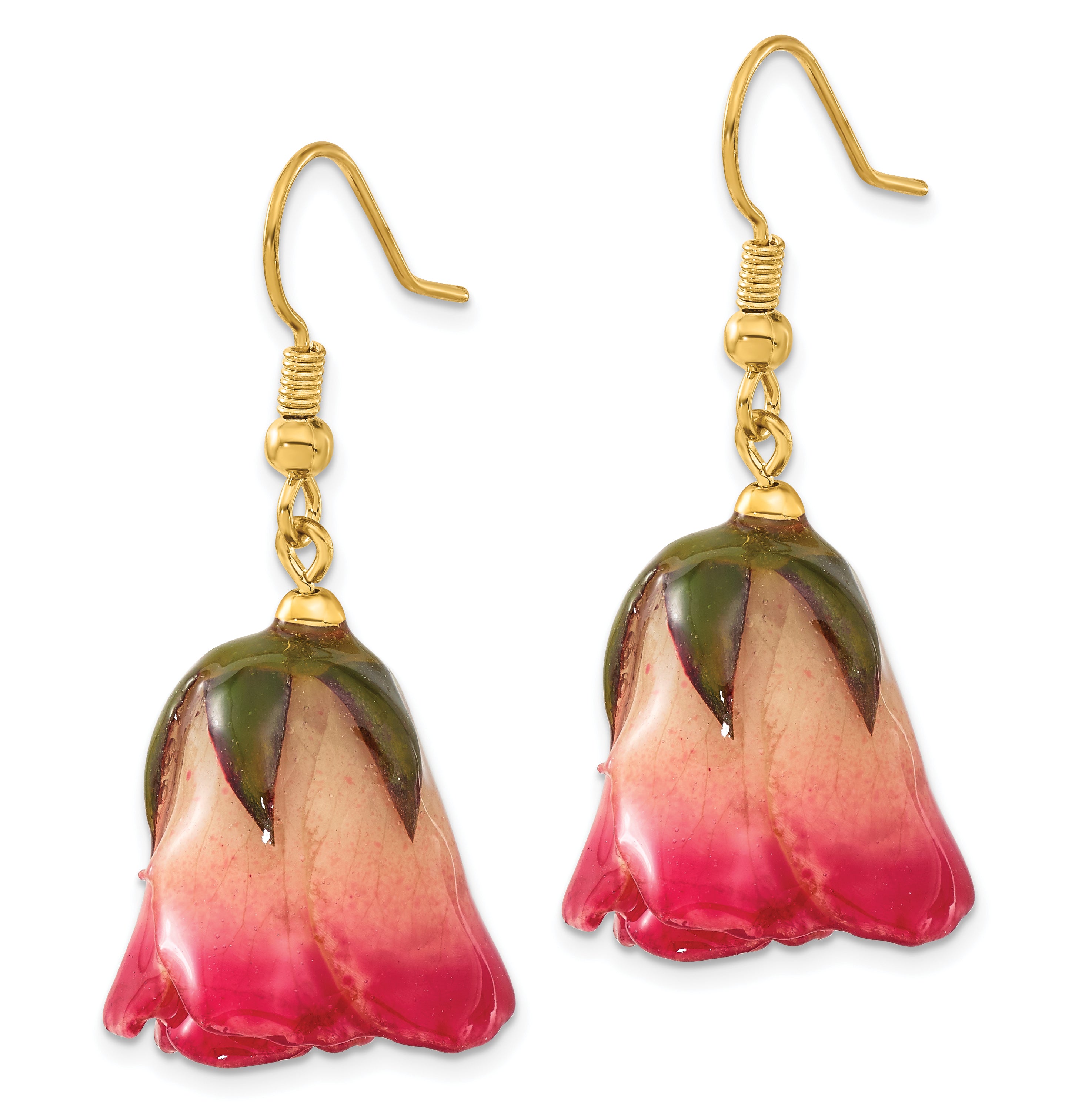 Lacquer Dipped White and Pink Real Rosebud Gold-tone Dangle Wire Earrings