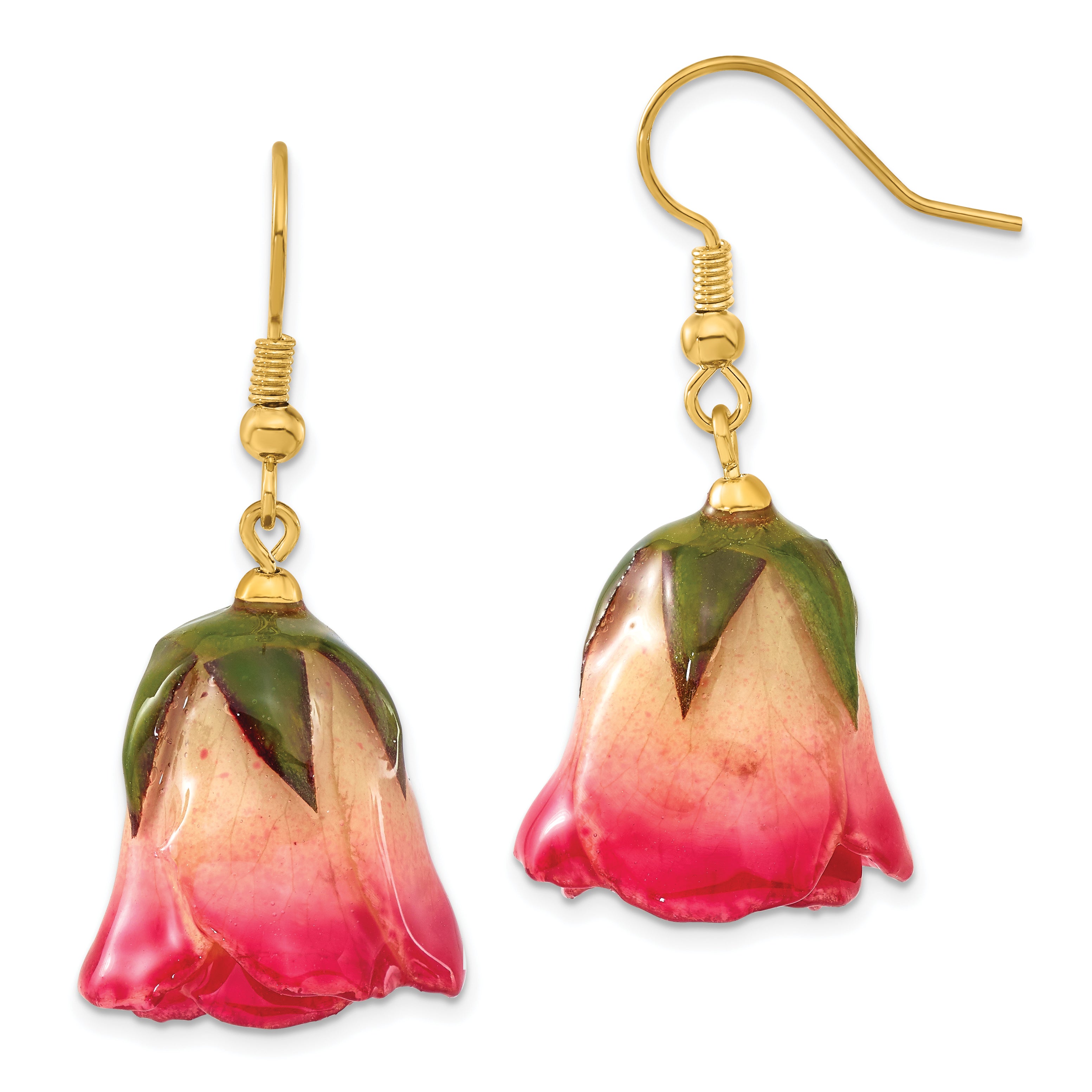 Lacquer Dipped White and Pink Real Rosebud Gold-tone Dangle Wire Earrings