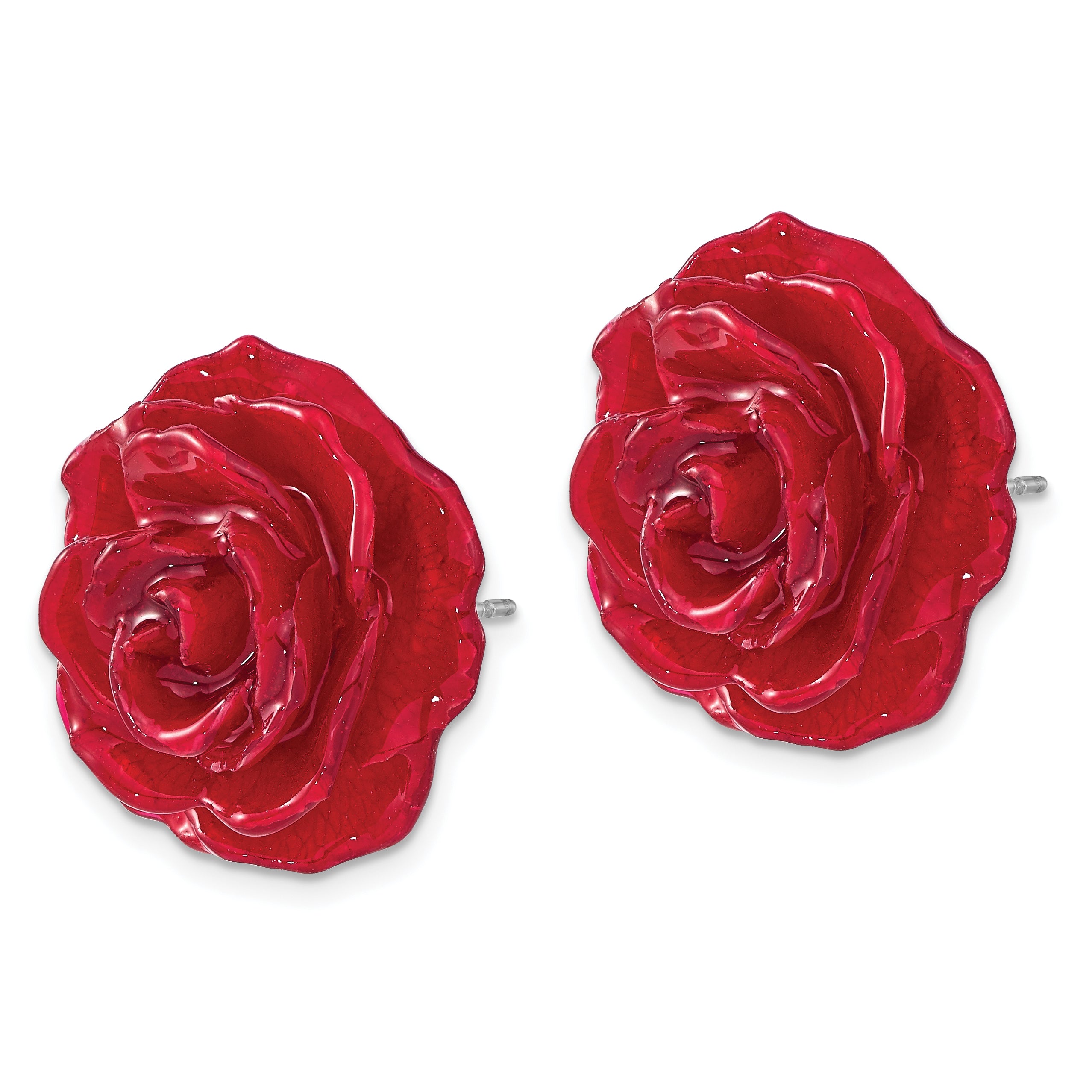 Lacquer Dipped Red Real Rose Silver-tone Post Earrings