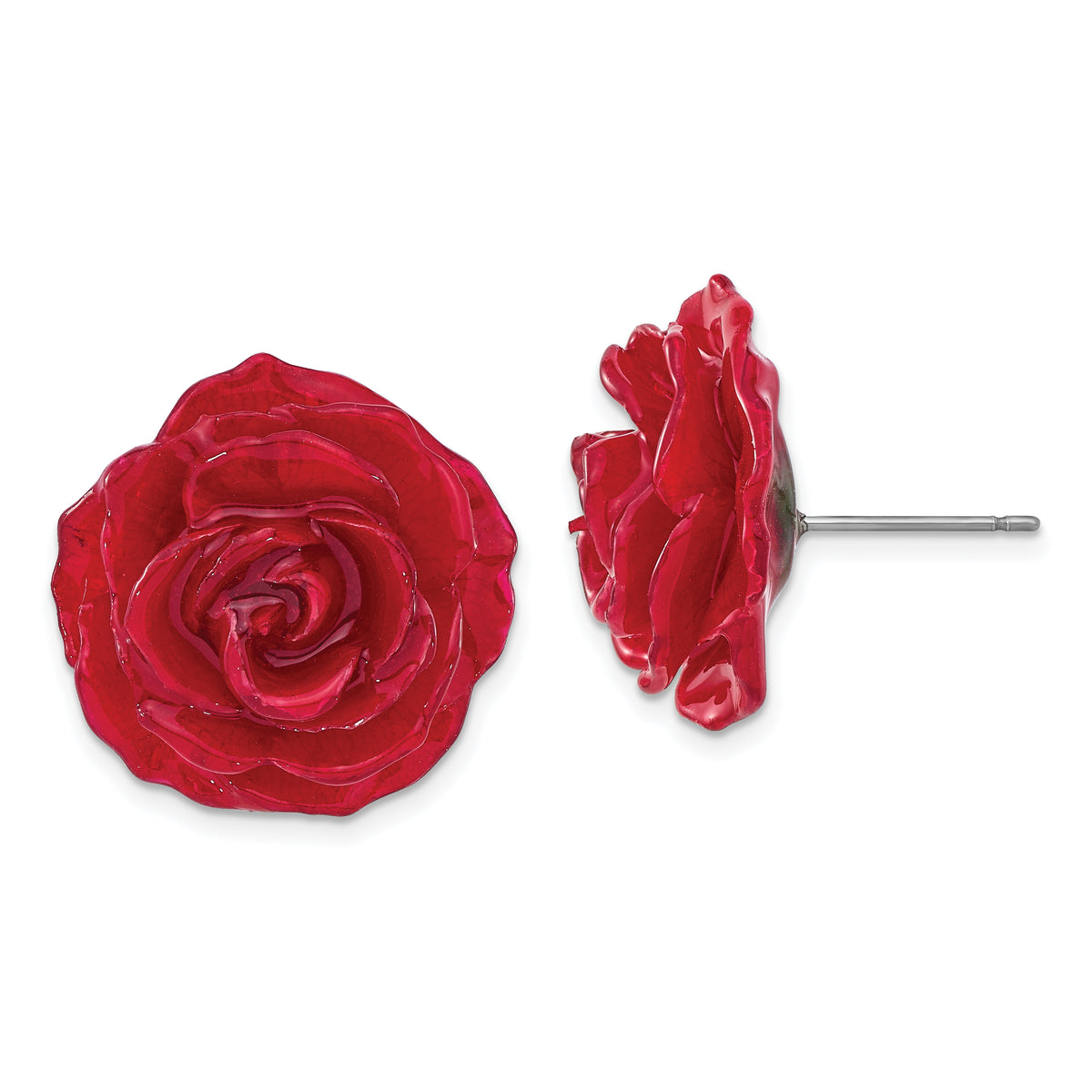 Lacquer Dipped Red Real Rose Silver-tone Post Earrings