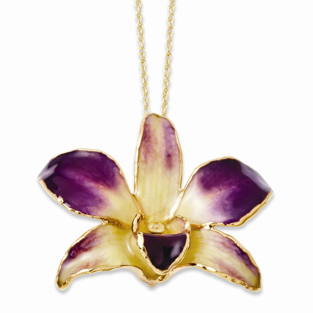 Lacquer Dipped Gold Trimmed Purple/Yellow Dendrobium Orchid Necklace