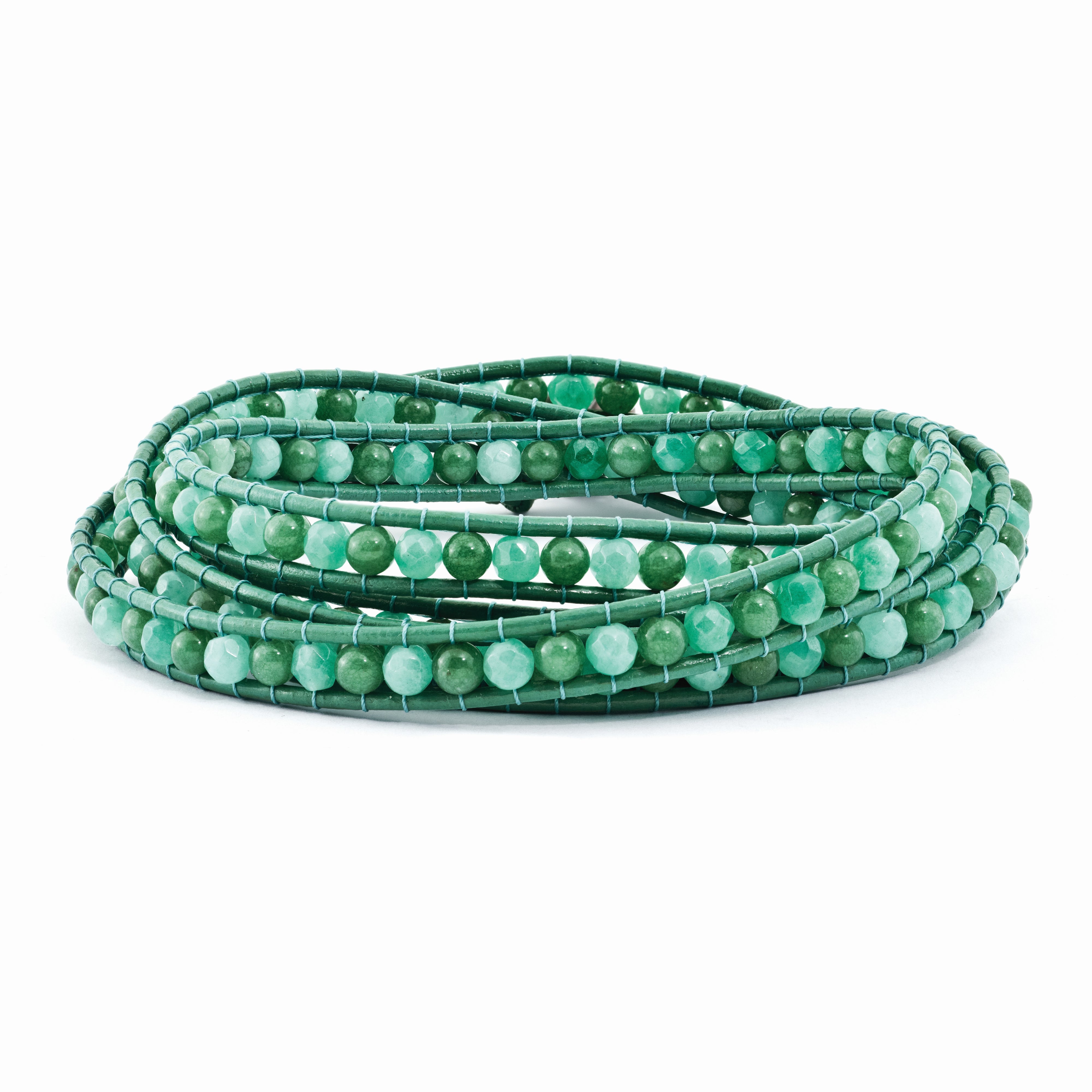 Green Aventurine/Green Quartz/FW Cultured Pearl Clasp Leather Wrap Bracelet