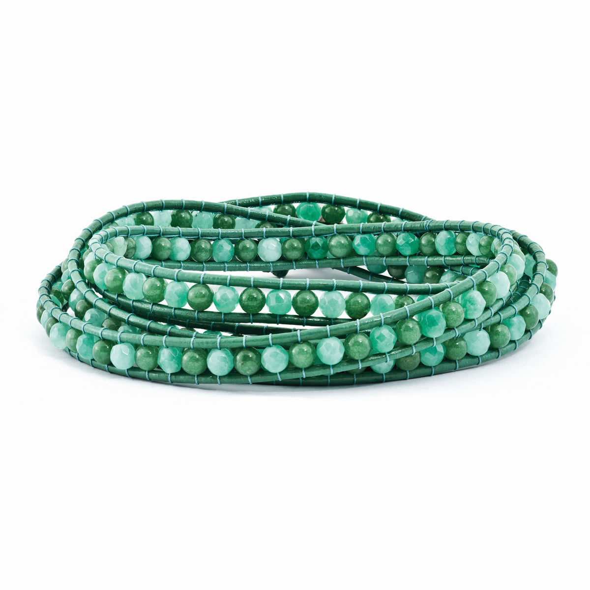 Green Aventurine/Green Quartz/FW Cultured Pearl Clasp Leather Wrap Bracelet