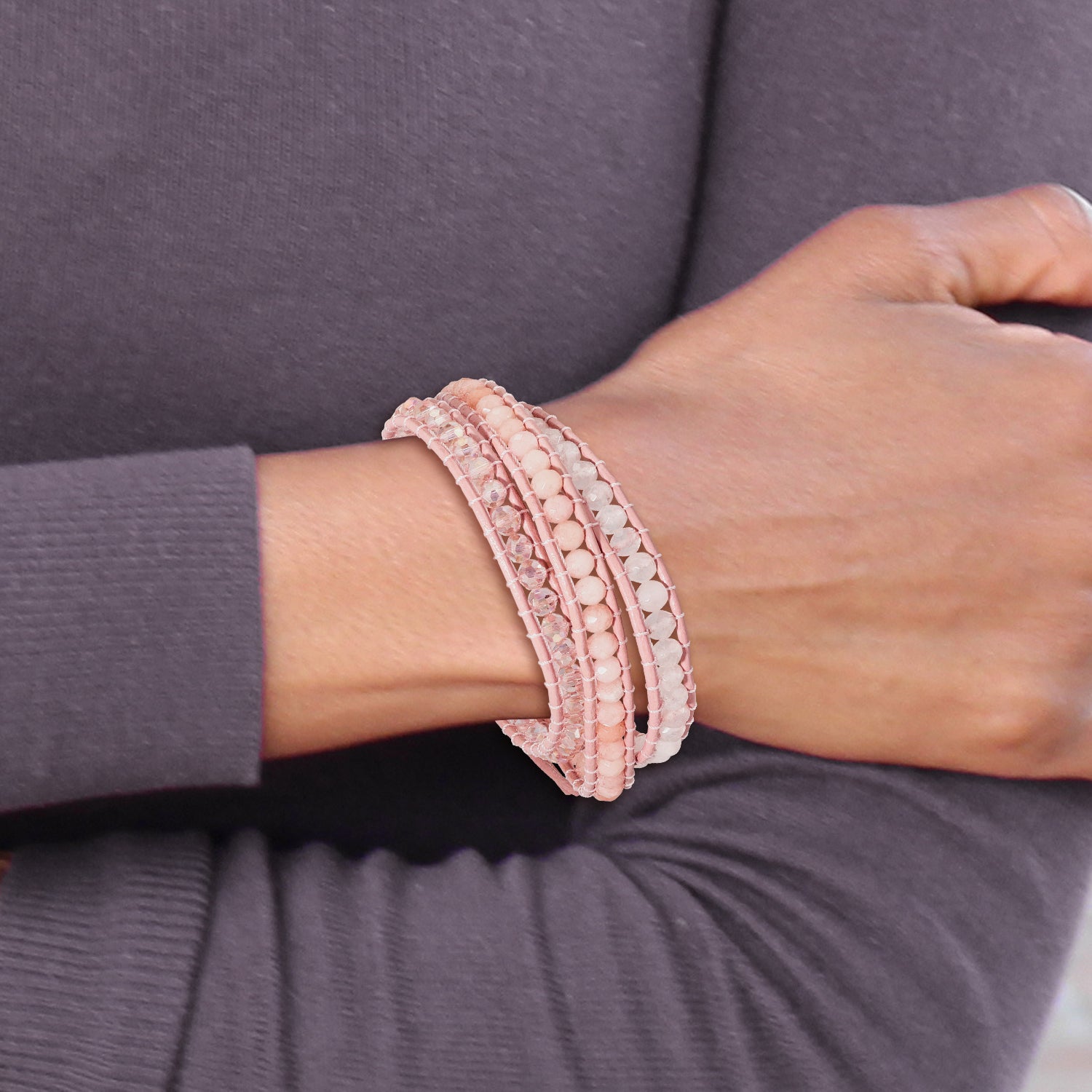 Leather Rose/Pink Quartz Crystal Multi Wrap/ Button Bracelet