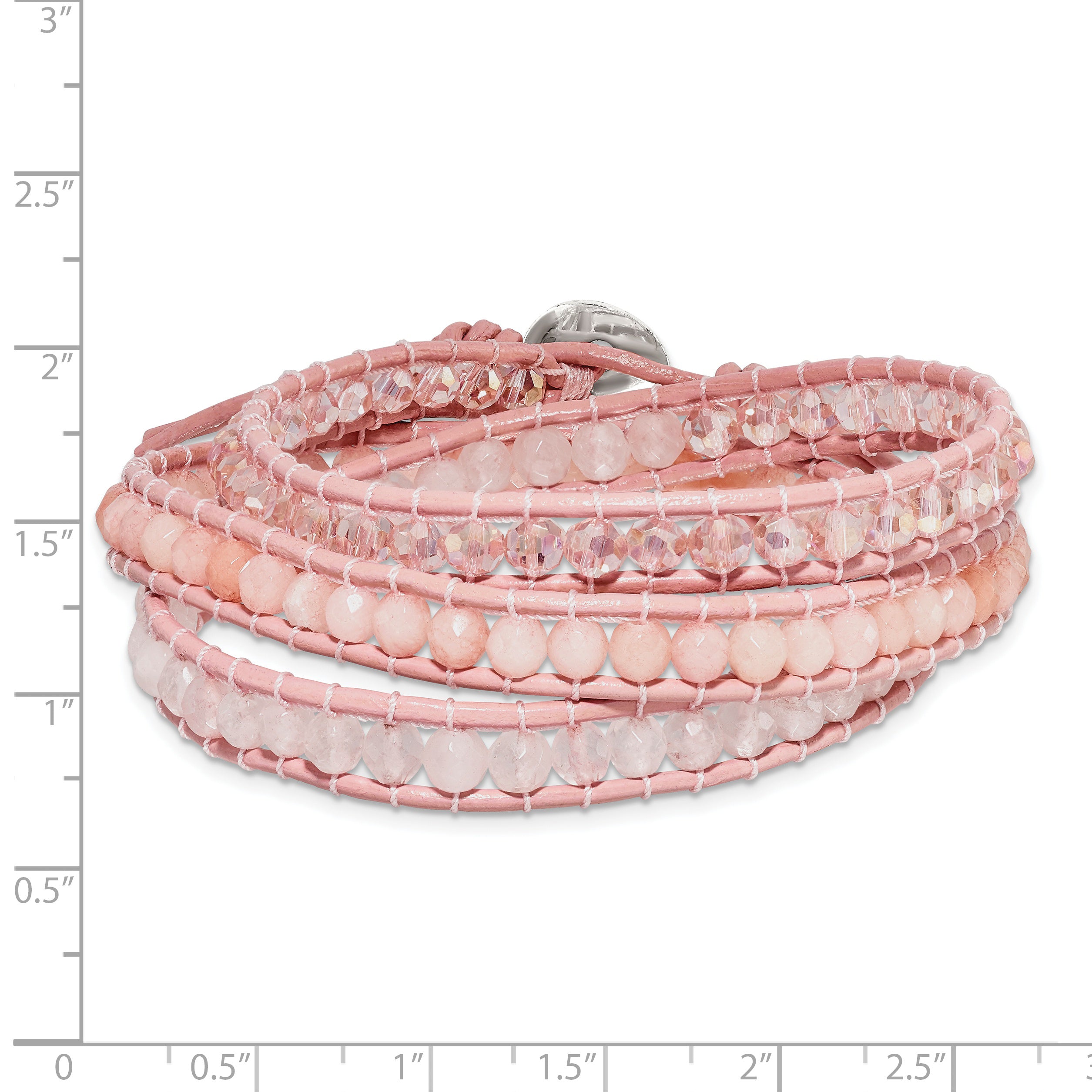 Leather Rose/Pink Quartz Crystal Multi Wrap/ Button Bracelet