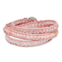 Leather Rose/Pink Quartz Crystal Multi Wrap/ Button Bracelet