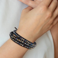 Dark Grey Aurora Borealis Crystal Bead and Leather Multi-wrap Bracelet