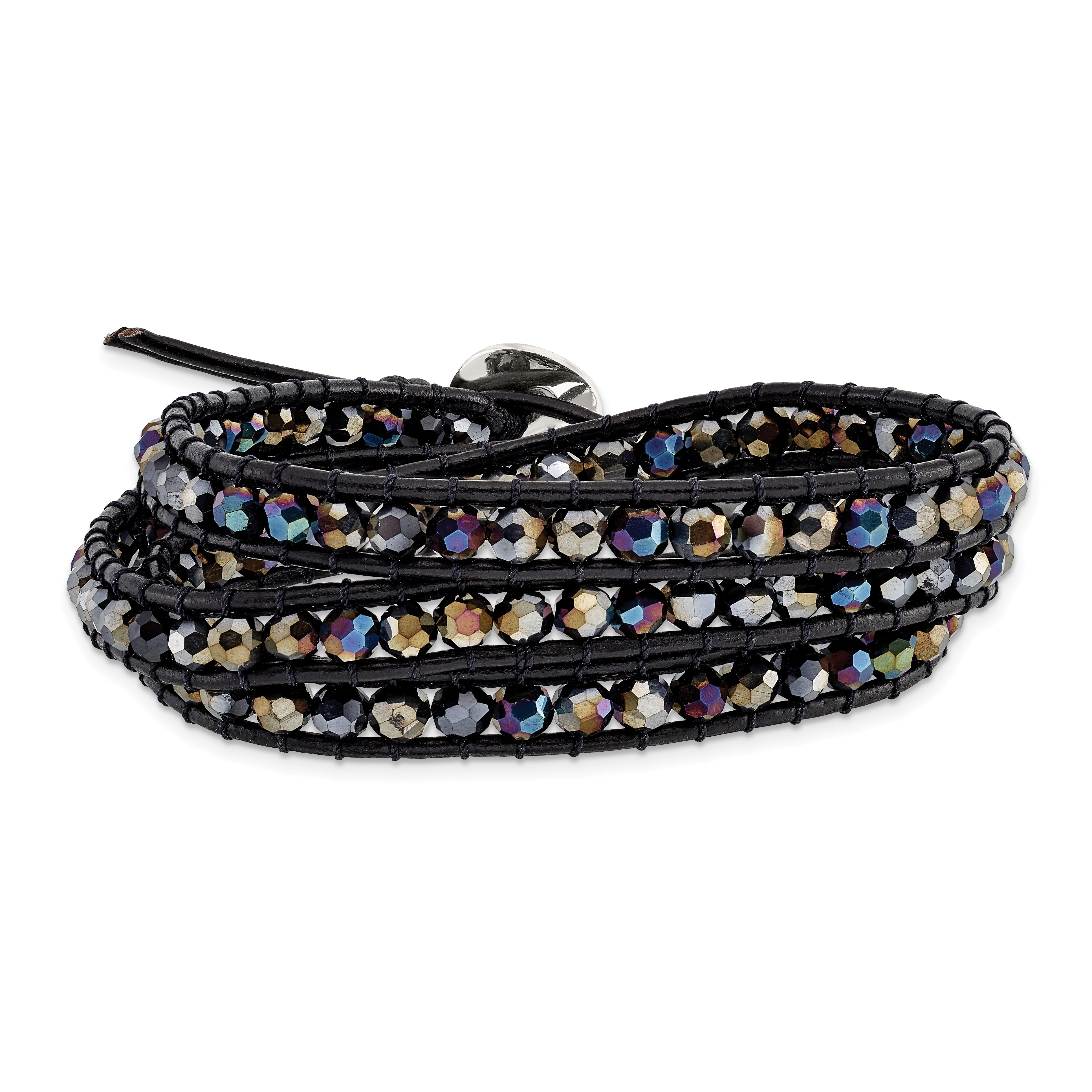 Dark Grey Aurora Borealis Crystal Bead and Leather Multi-wrap Bracelet