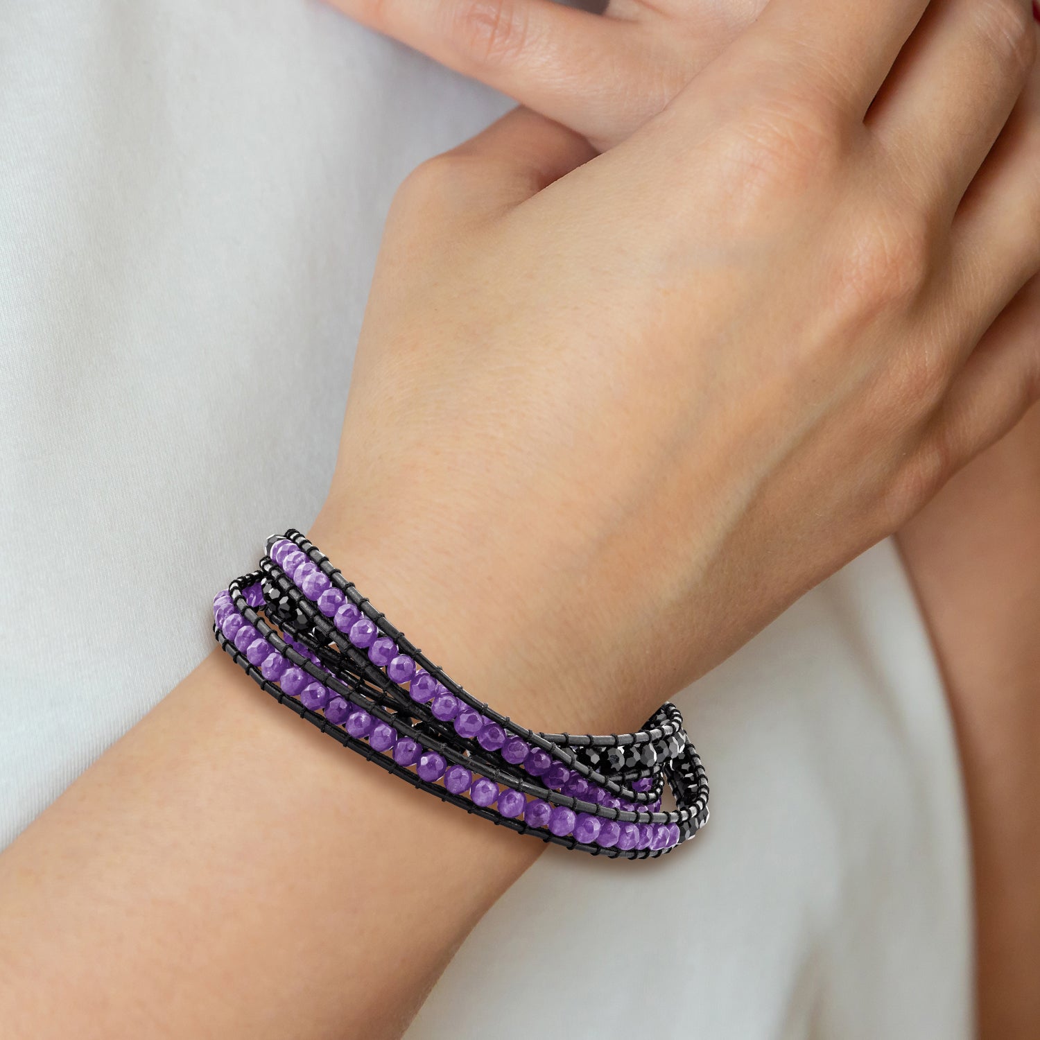 Black Crystal/Purple Quartz Bead/Leather Multi-wrap Bracelet