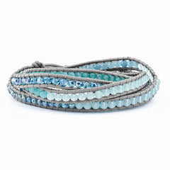 Crystal and Blue Quartz Beaded Leather Multi-wrap Bracelet