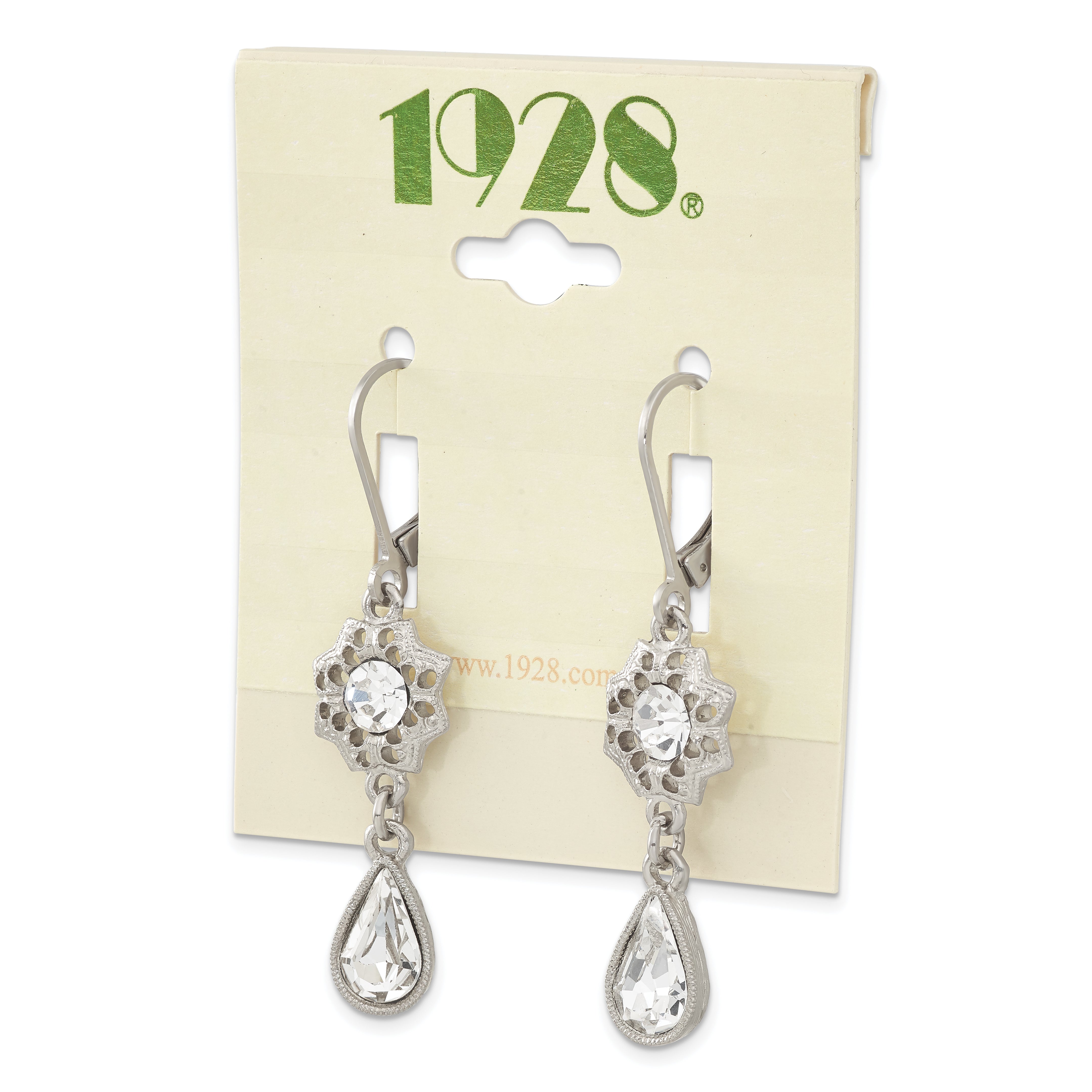 1928 Silver-Tone Crystal Teardrop Dangle Floral Filigree Leverback Earrings