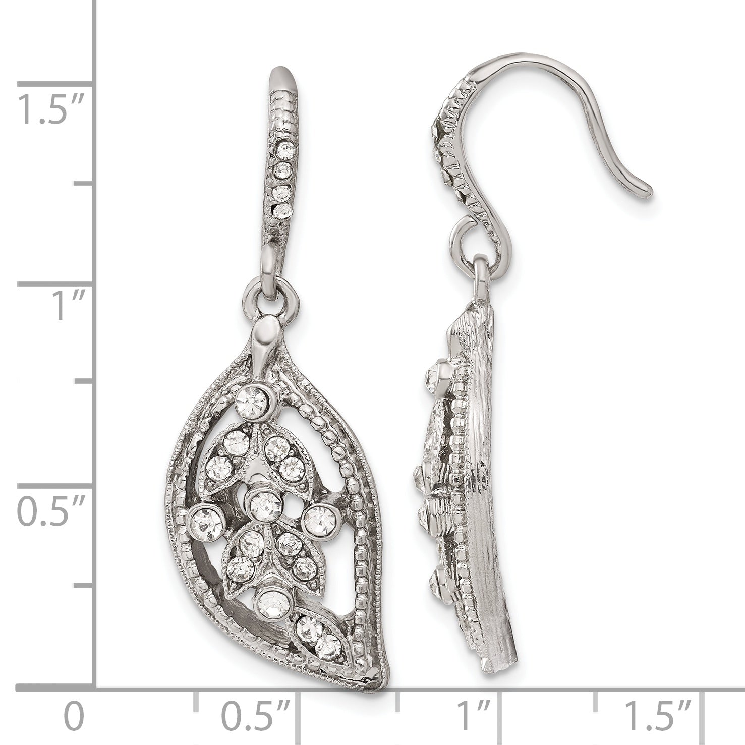 Silver-Tone Crystal Leaf Dangle Earrings with Polished Finish Vintage Style