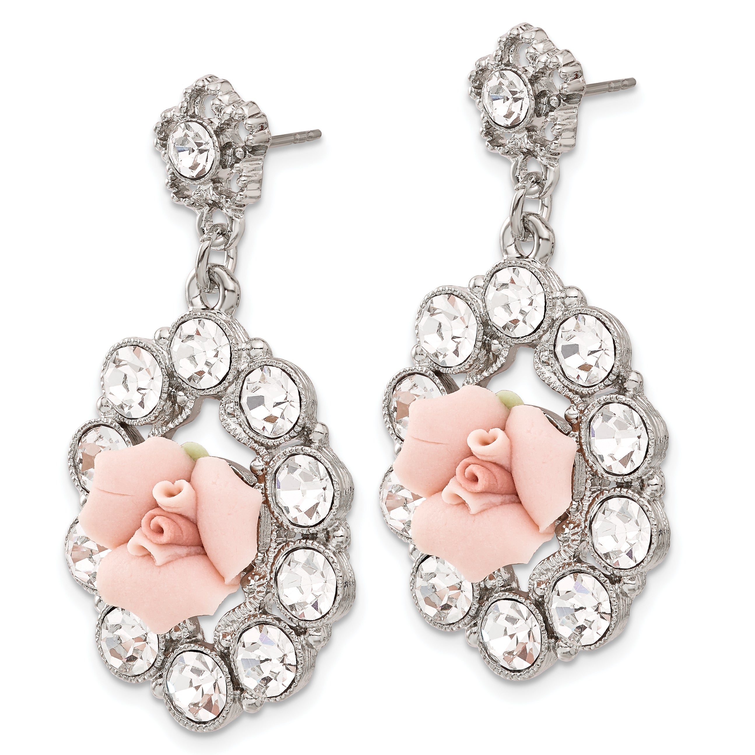 1928 Silver-tone White Crystal Pink Porcelain Flower Post Dangle Earrings