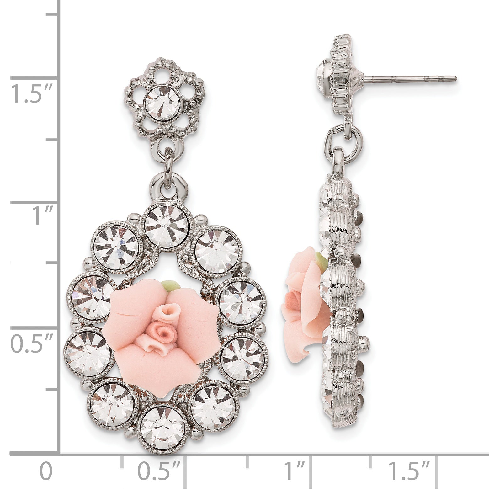 Silver-Tone Porcelain Flower Dangle Earrings with White Crystals and Pink Accents