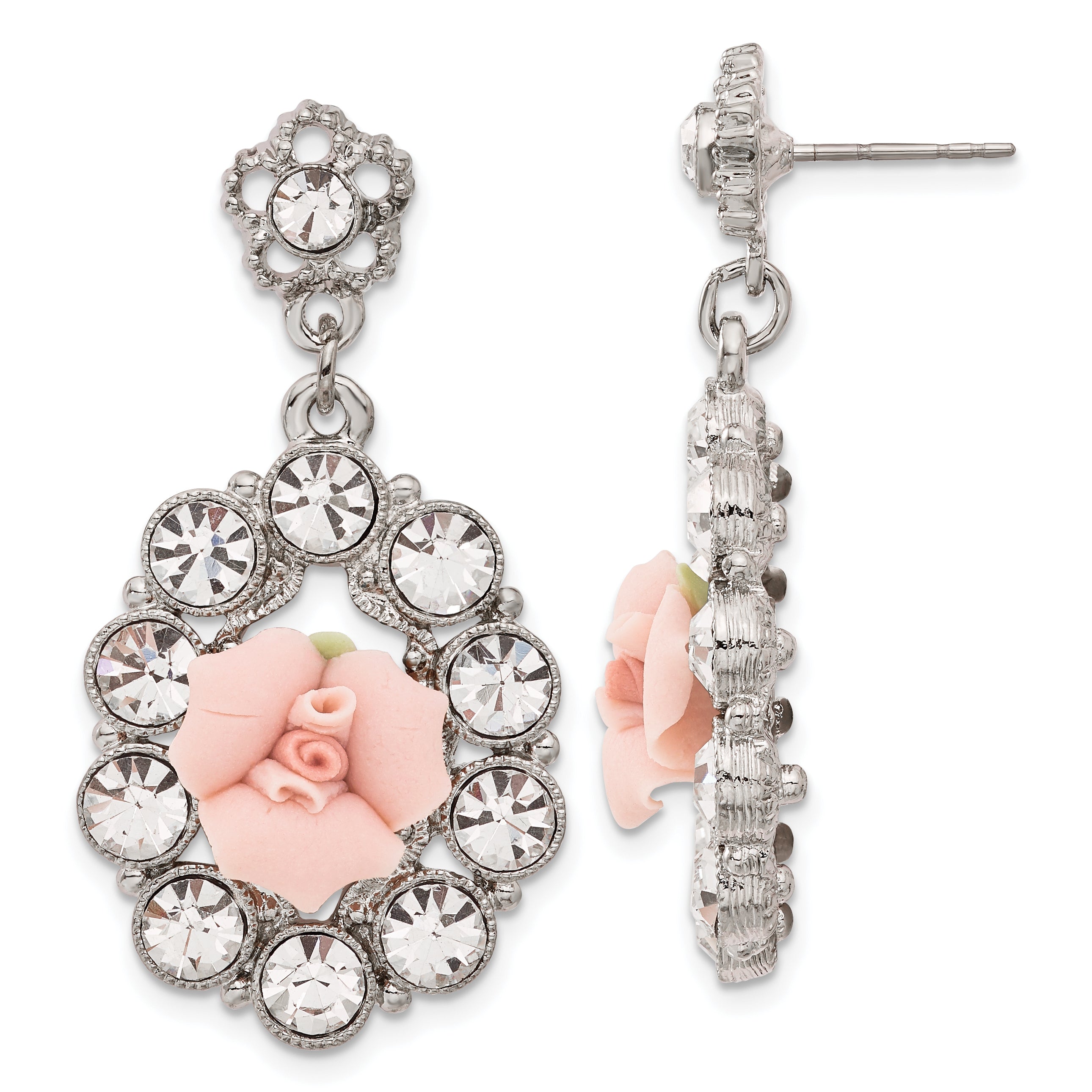 1928 Silver-tone White Crystal Pink Porcelain Flower Post Dangle Earrings