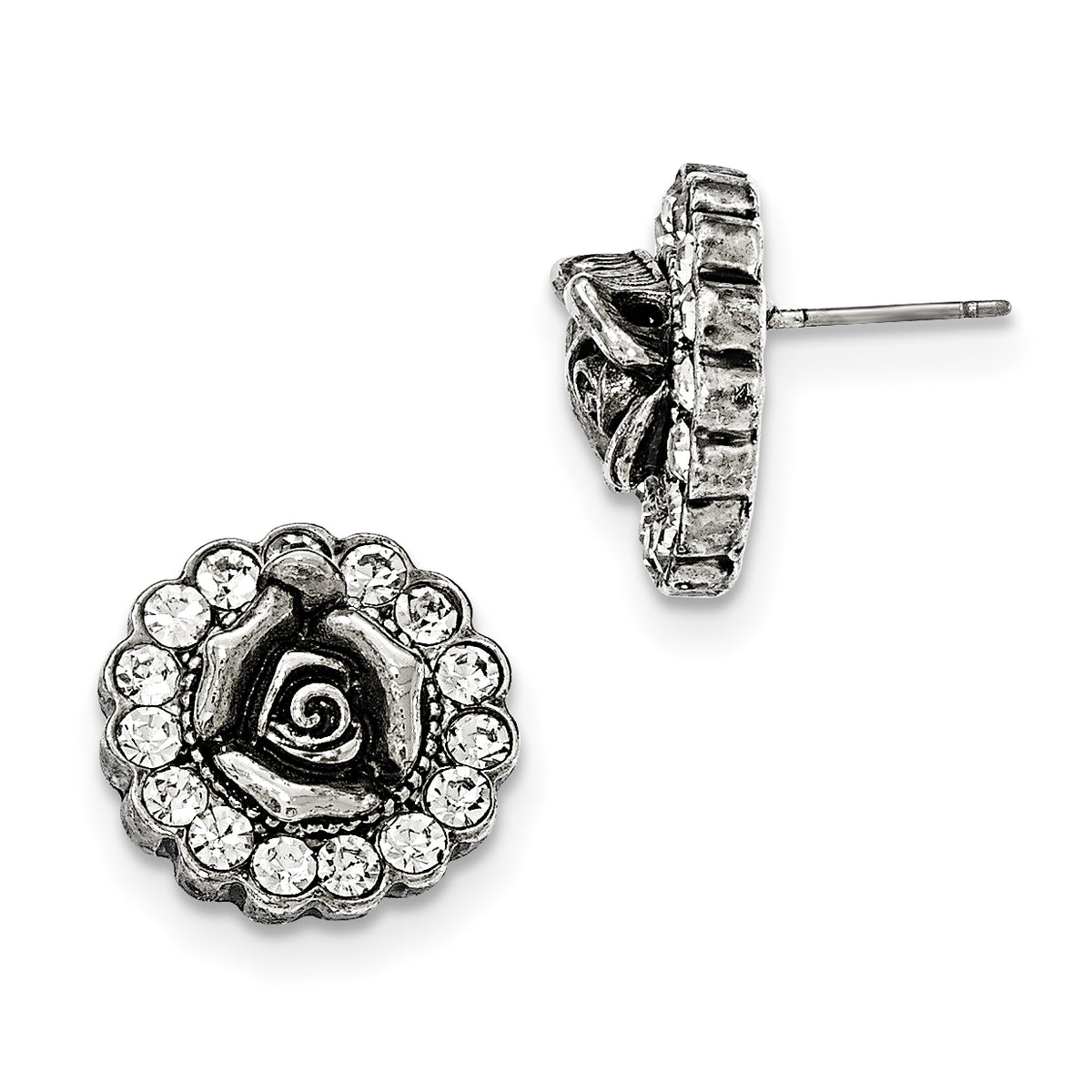 1928 Silver-tone White Crystal Rose Post Earrings