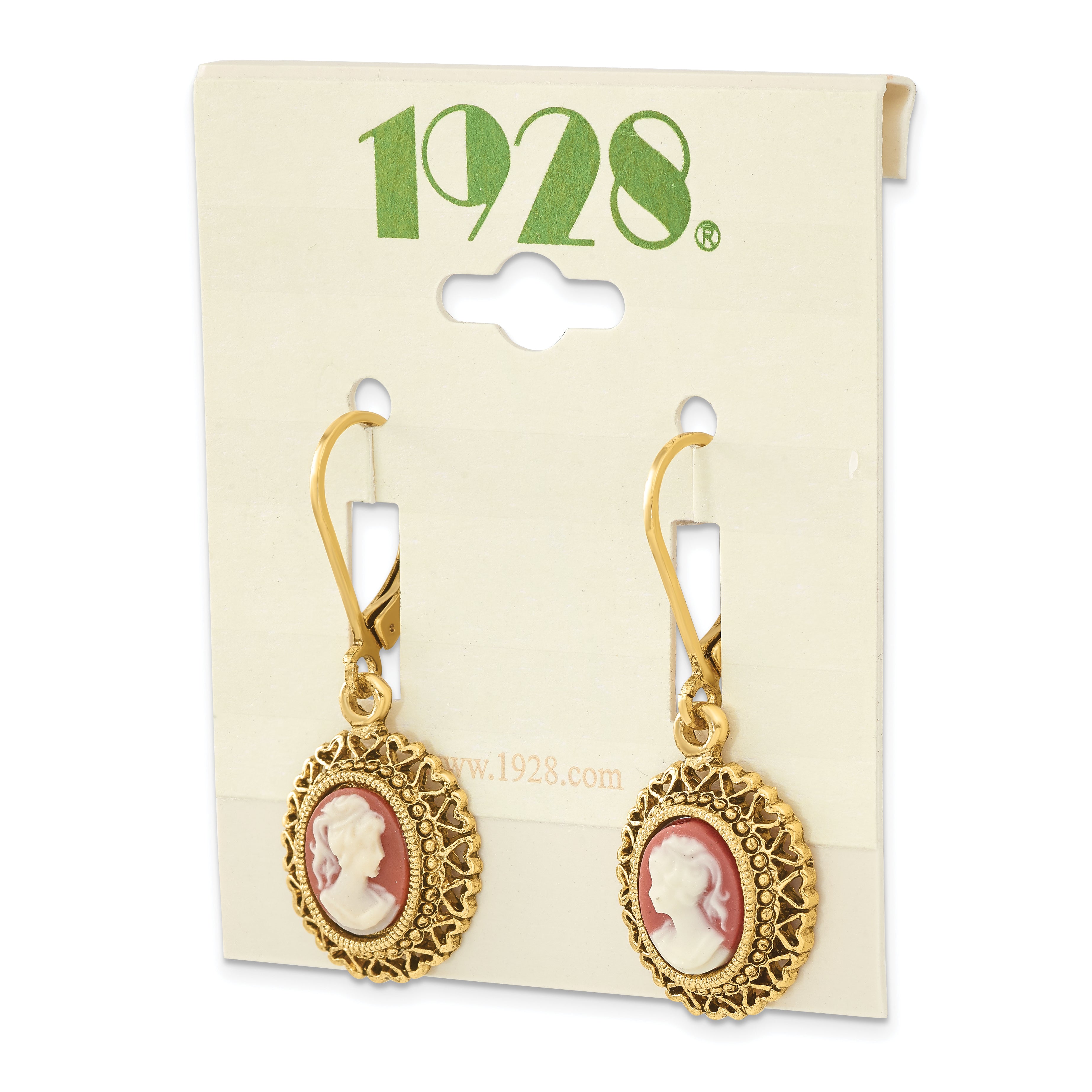 1928 Jewelry Gold-tone Filigree Frame Ivory Colored Lady Acrylic Cameo Dangle Leverback Earrings