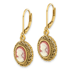 1928 Jewelry Gold-tone Filigree Frame Ivory Colored Lady Acrylic Cameo Dangle Leverback Earrings