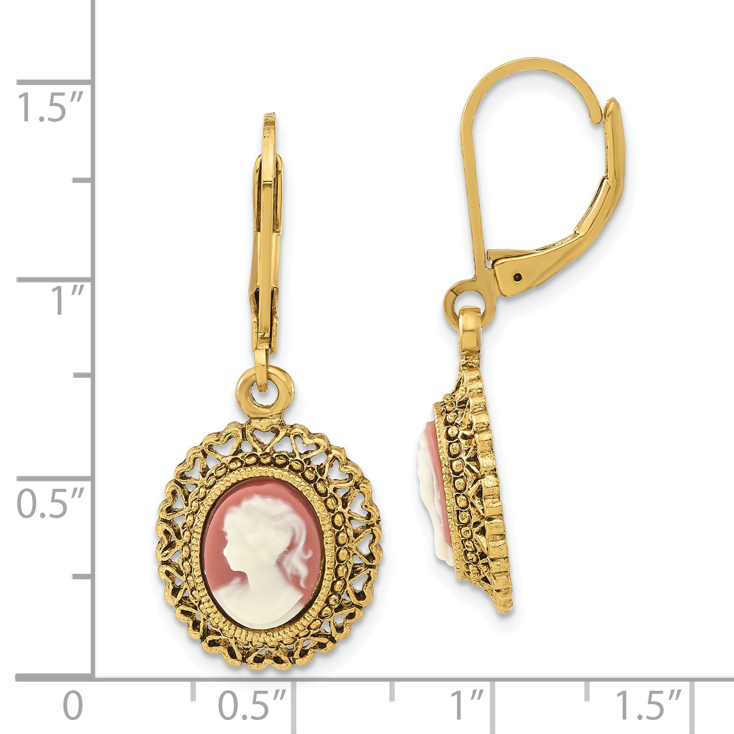 1928 Jewelry Gold-tone Filigree Frame Ivory Colored Lady Acrylic Cameo Dangle Leverback Earrings