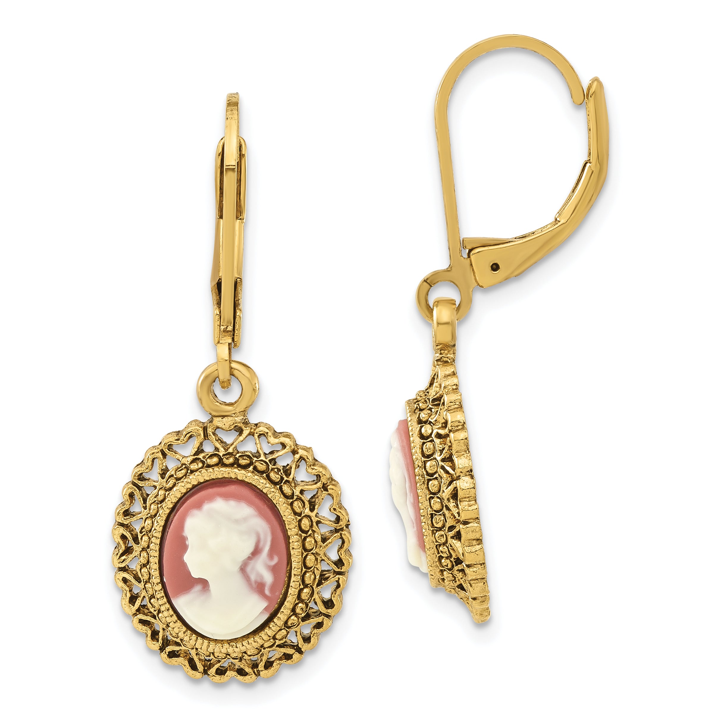 1928 Jewelry Gold-tone Filigree Frame Ivory Colored Lady Acrylic Cameo Dangle Leverback Earrings