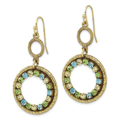 1928 Brass-Tone Crystal Dangle Earrings with Blue-Green Accents, Vintage Inspired