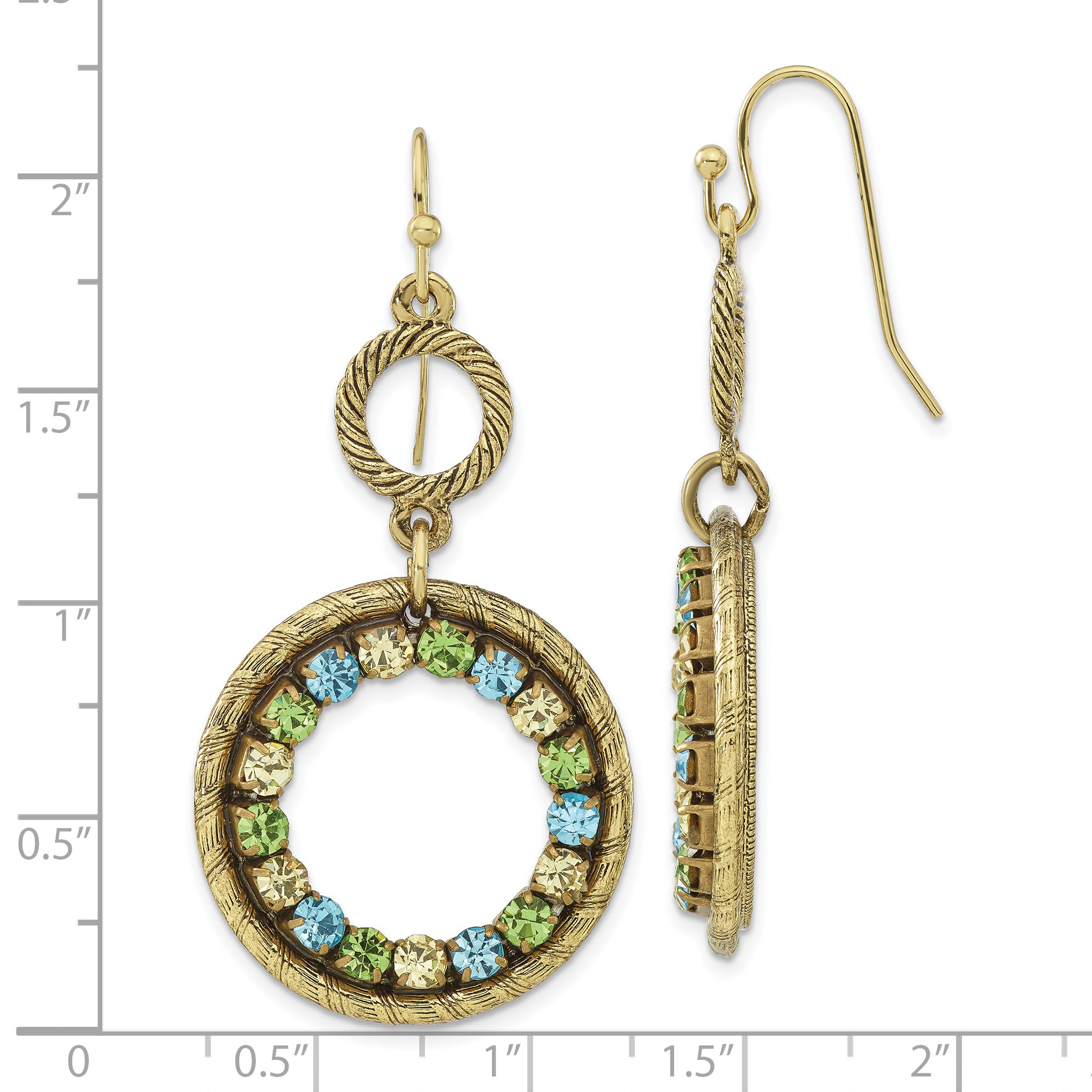 1928 Brass-Tone Crystal Dangle Earrings with Blue-Green Accents, Vintage Inspired