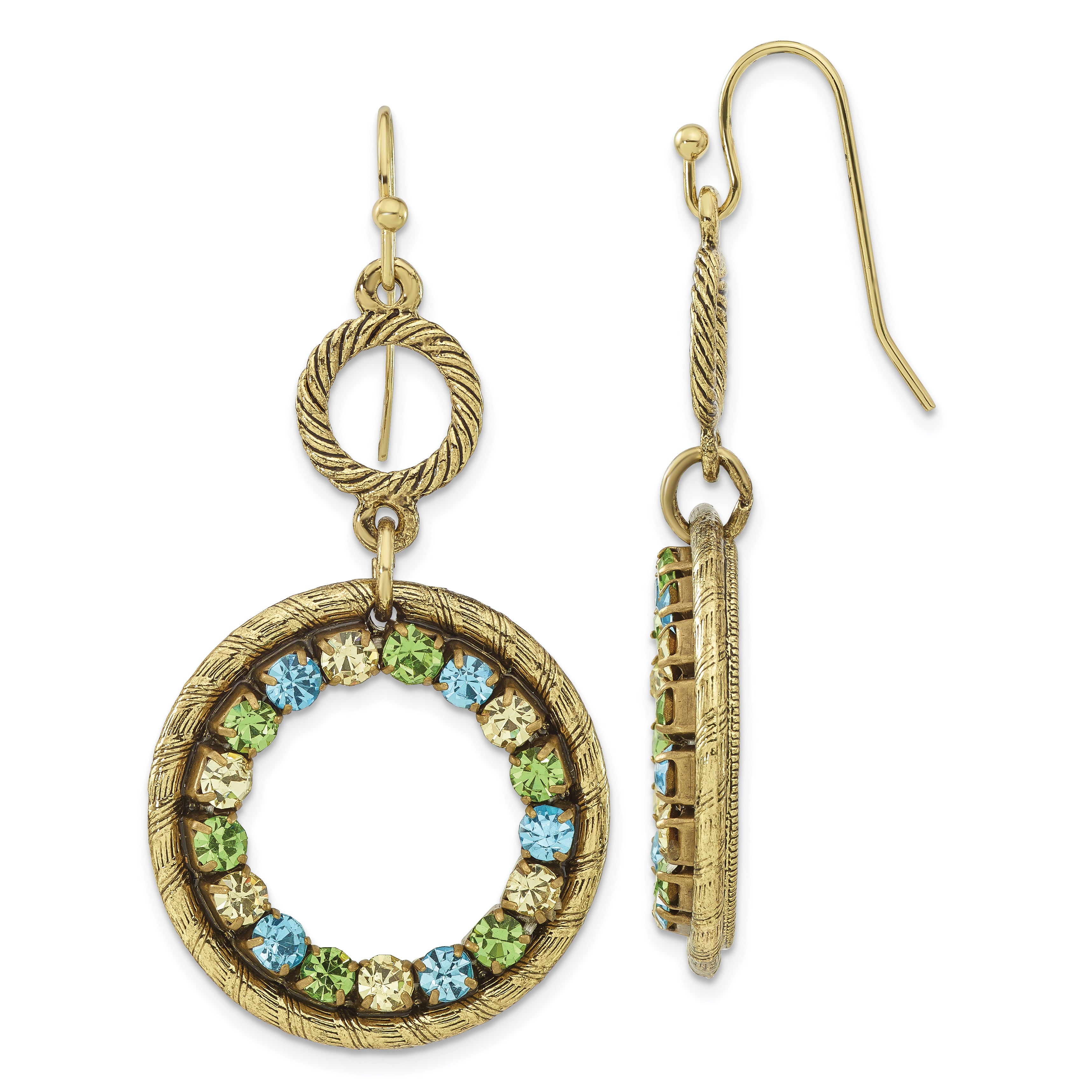 1928 Jewelry Brass-tone Textured Frame Blue Green and Light Colorado Crystal Double Circle Dangle Earrings