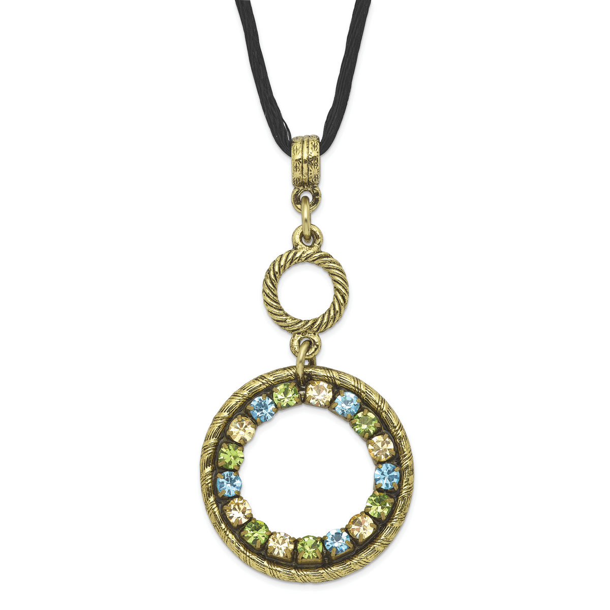 1928 Jewelry Brass-tone Blue Green and Light Colorado Crystal Double Circle Adjustable 16 inch Satin Cord Necklace with 3 inch extension