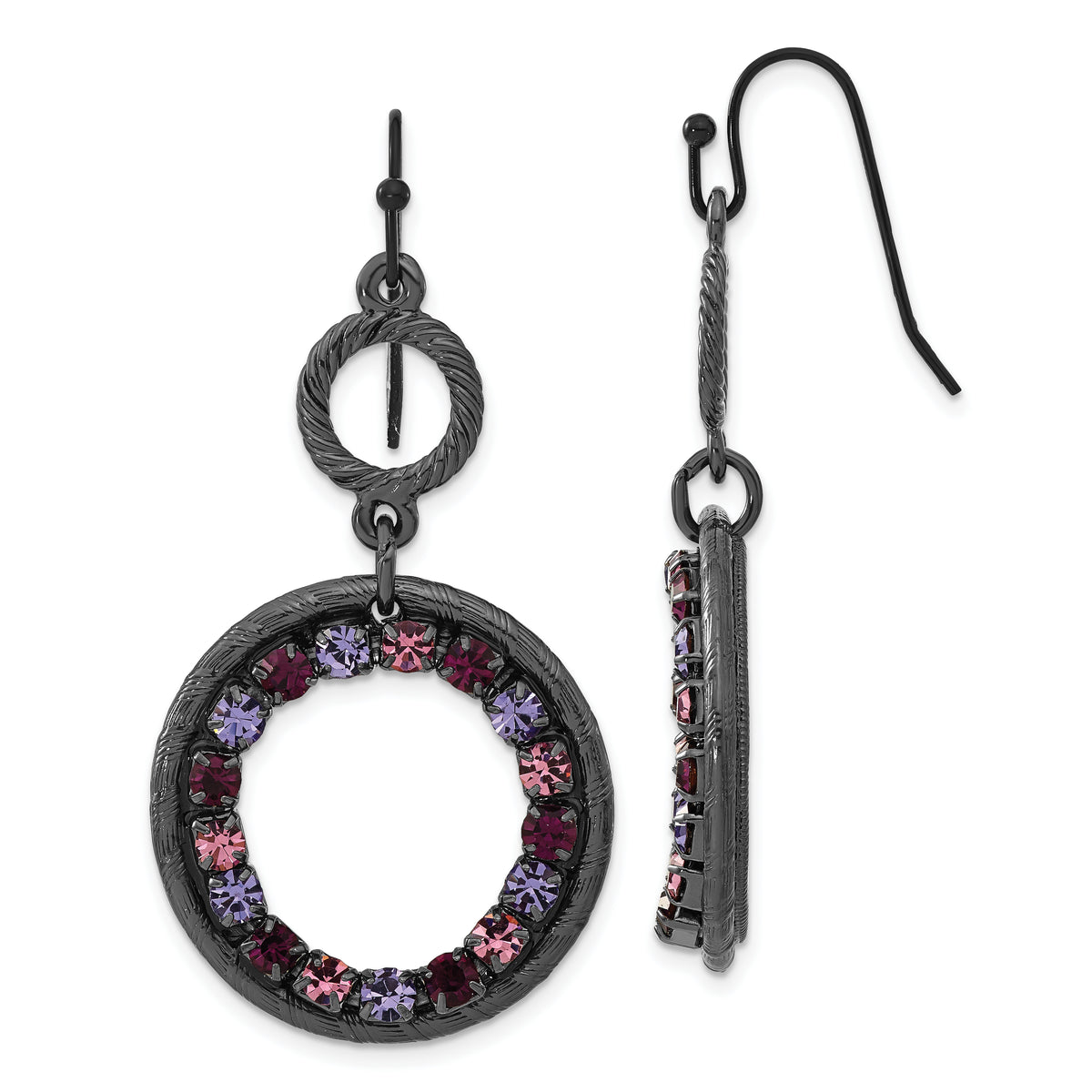 1928 Jewelry Black-plated Textured Frame Light and Dark Pink and Purple Crystal Double Circle Dangle Earrings