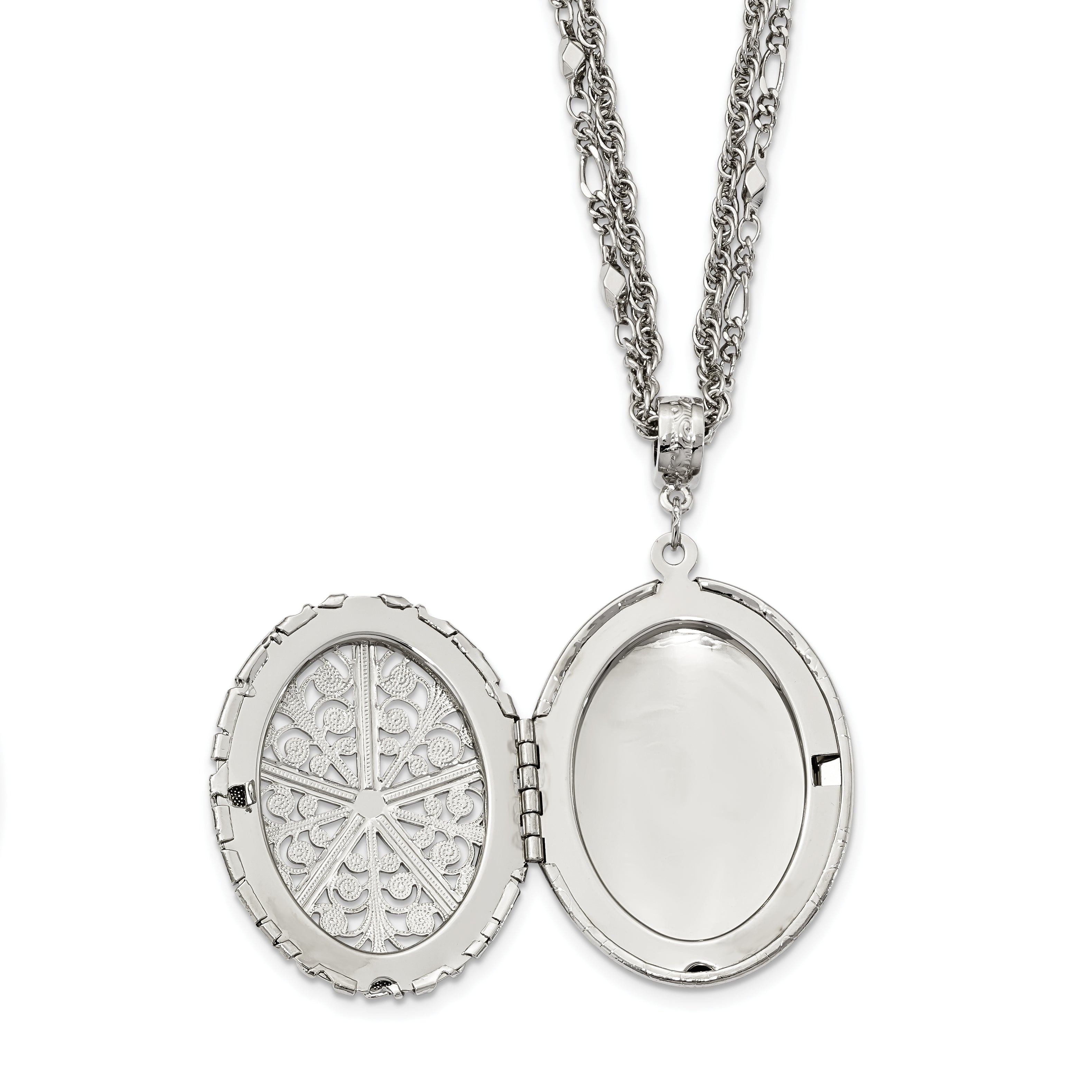 1928 Jewelry Silver-tone Fligree 42mm Oval Locket 16 inch Double Chain Necklace Holds 2 Photos