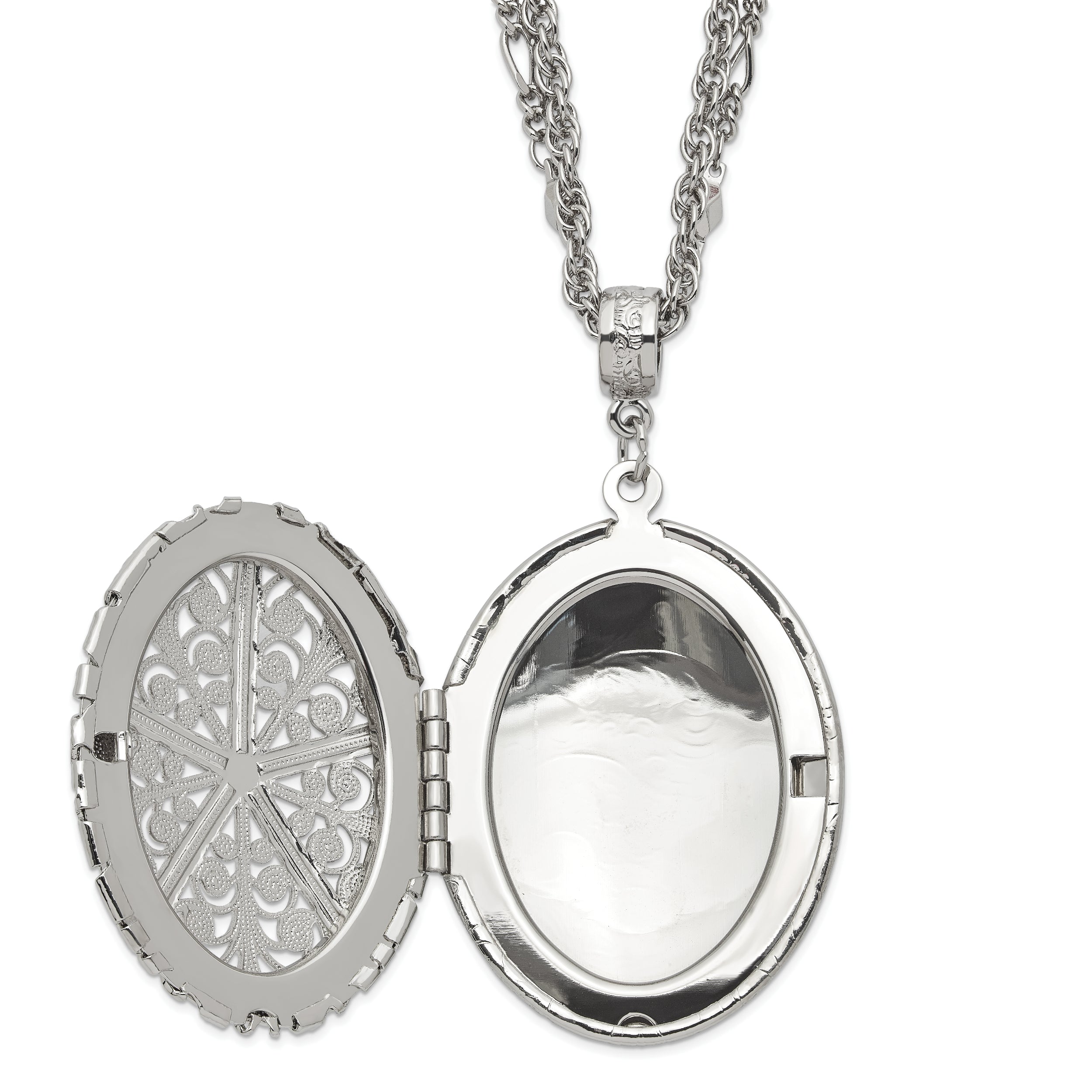 1928 Jewelry Silver-tone Fligree 42mm Oval Locket 16 inch Double Chain Necklace Holds 2 Photos