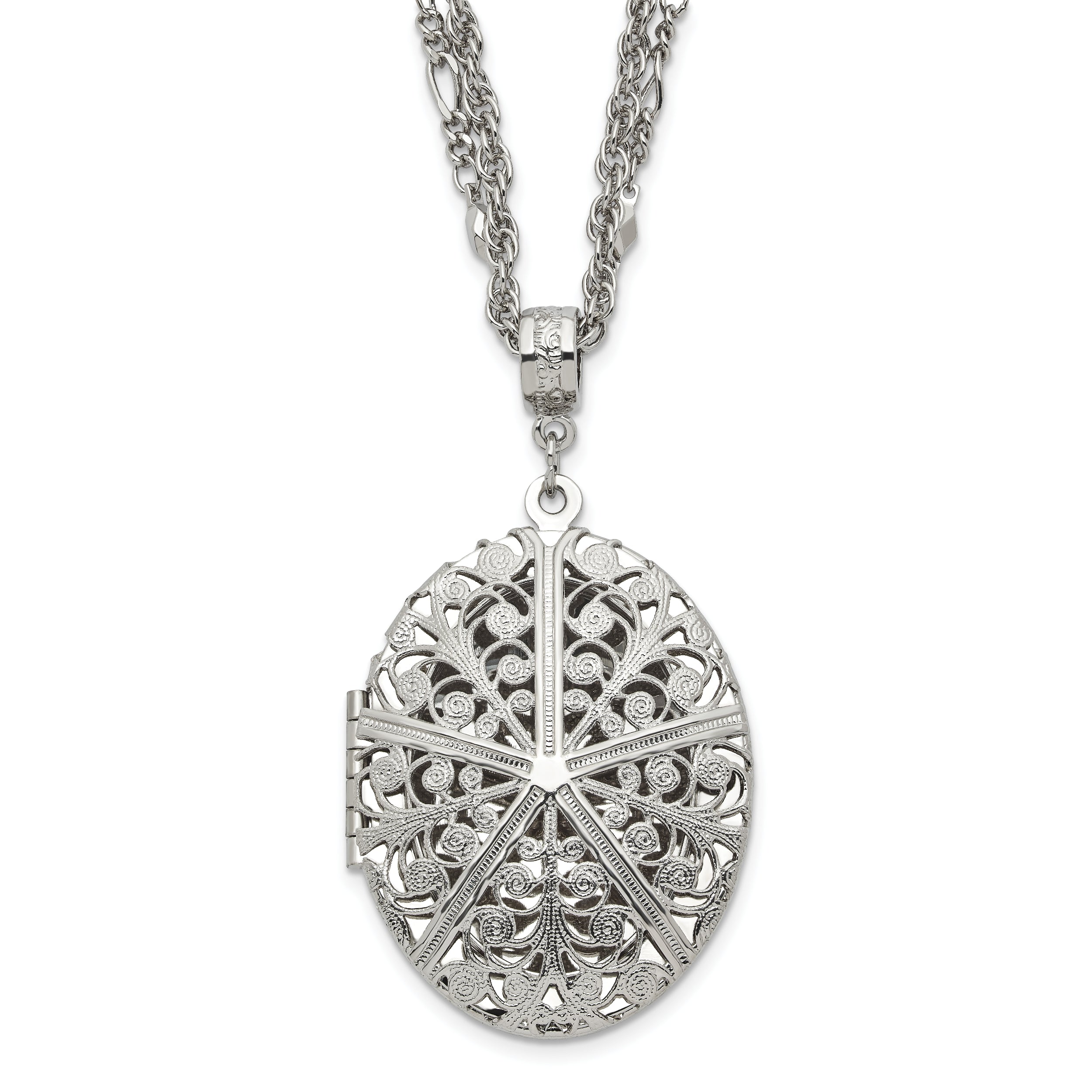 1928 Jewelry Silver-tone Fligree 42mm Oval Locket 16 inch Double Chain Necklace Holds 2 Photos