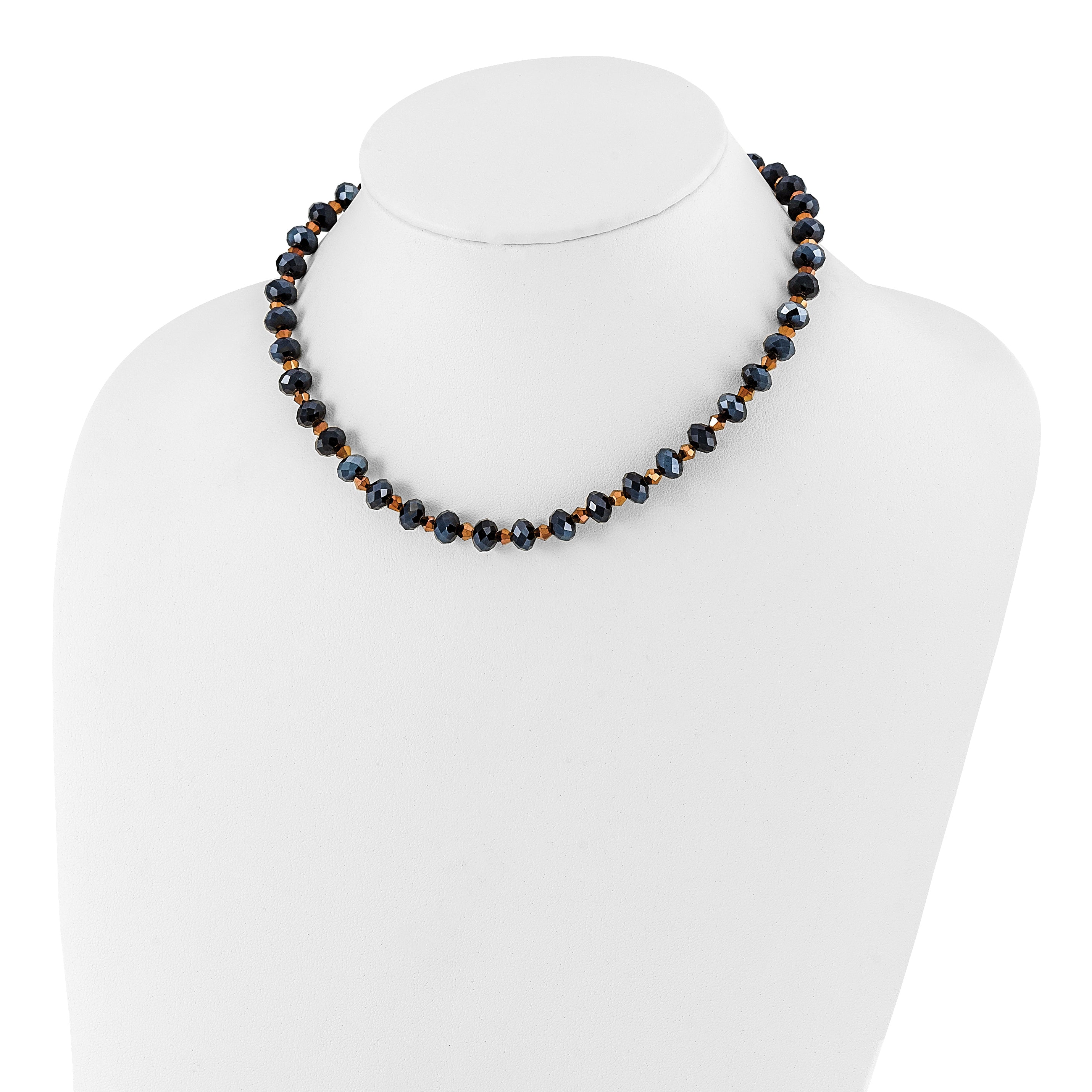 1928 Jewelry Black-plated Black and Brown Faceted Glass Beads Adjustable 16 inch Necklace with 3 inch extension