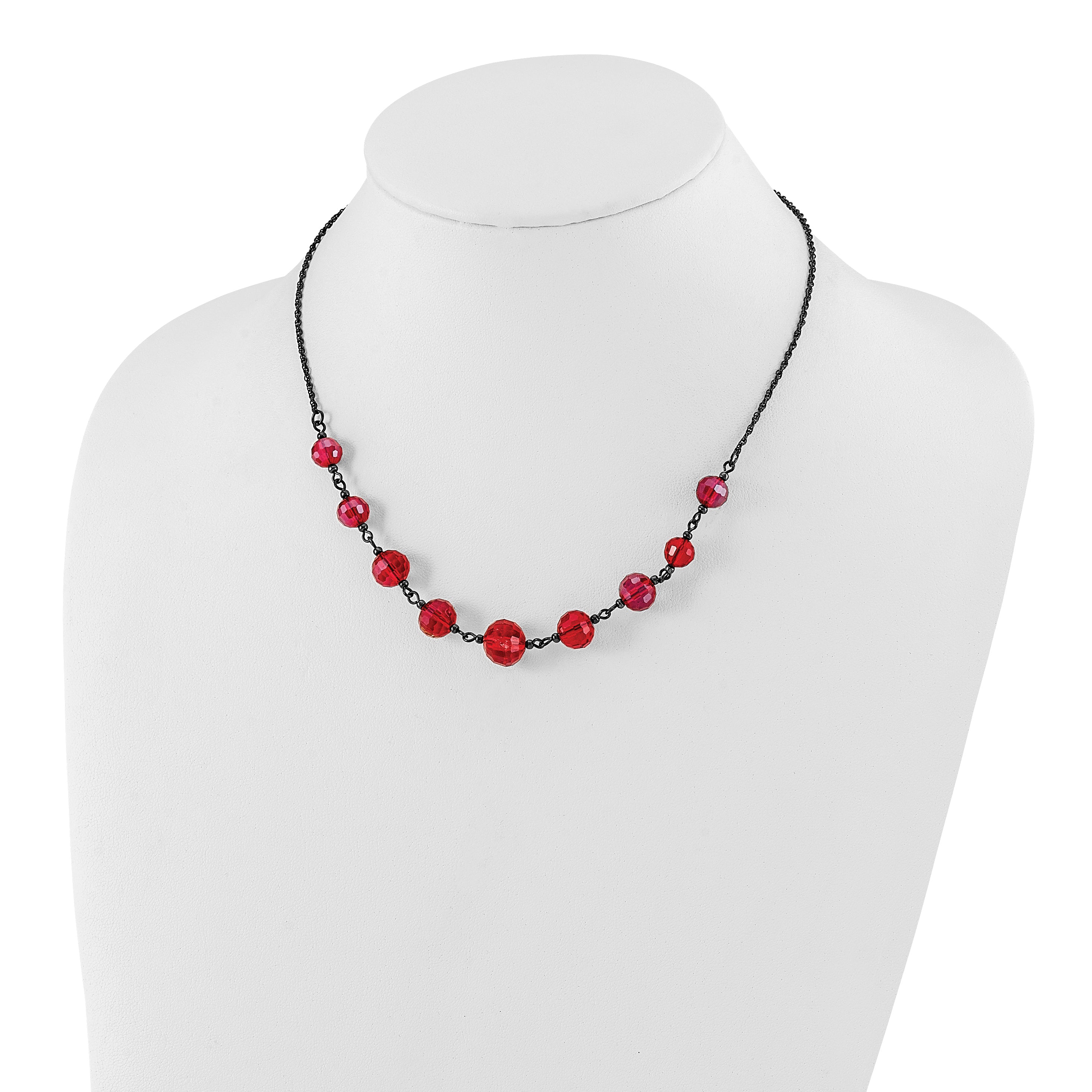 1928 Jewelry Black-plated Red Glass Faceted Graduated Bead 16 inch Necklace with 3 inch extension