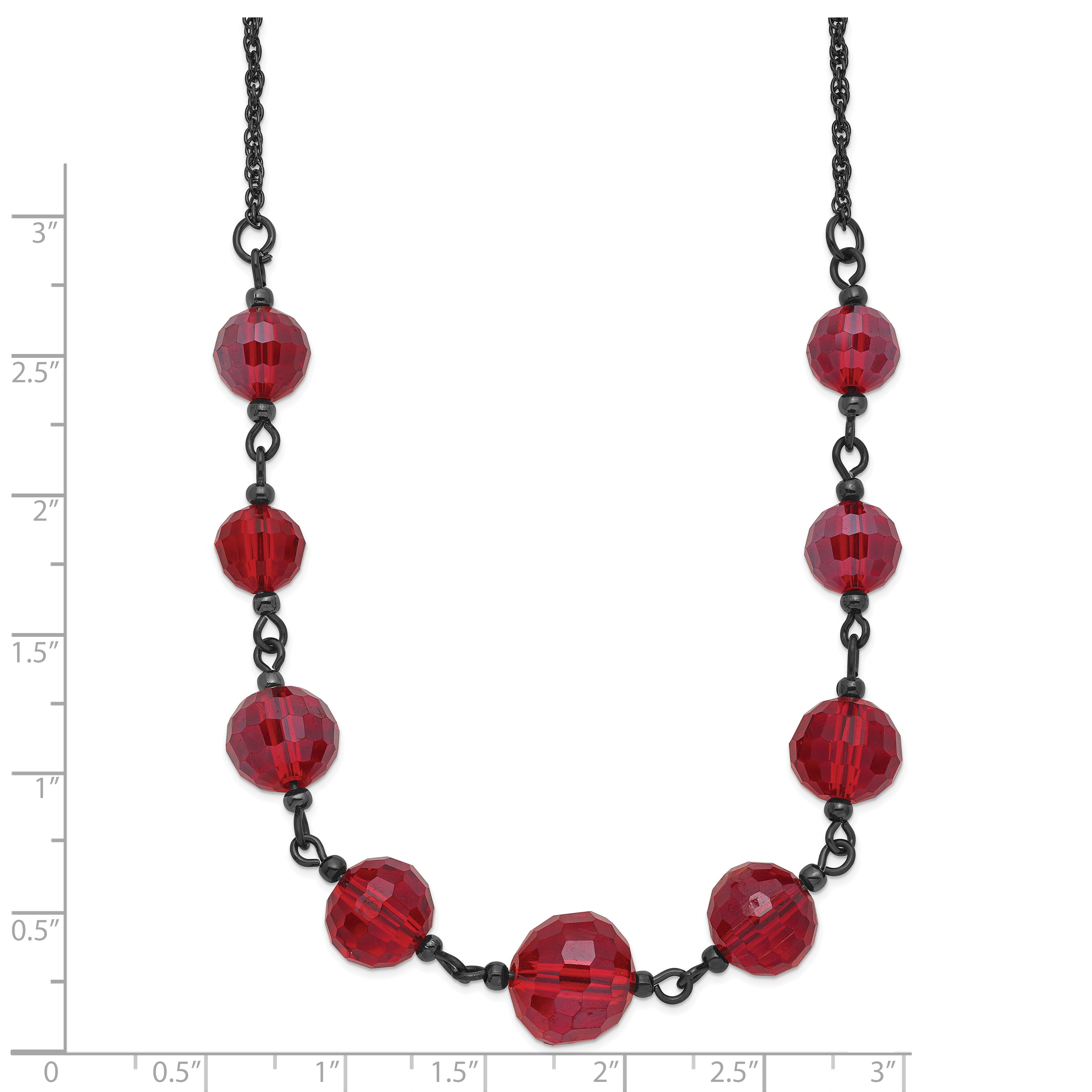 1928 Jewelry Black-plated Red Glass Faceted Graduated Bead 16 inch Necklace with 3 inch extension