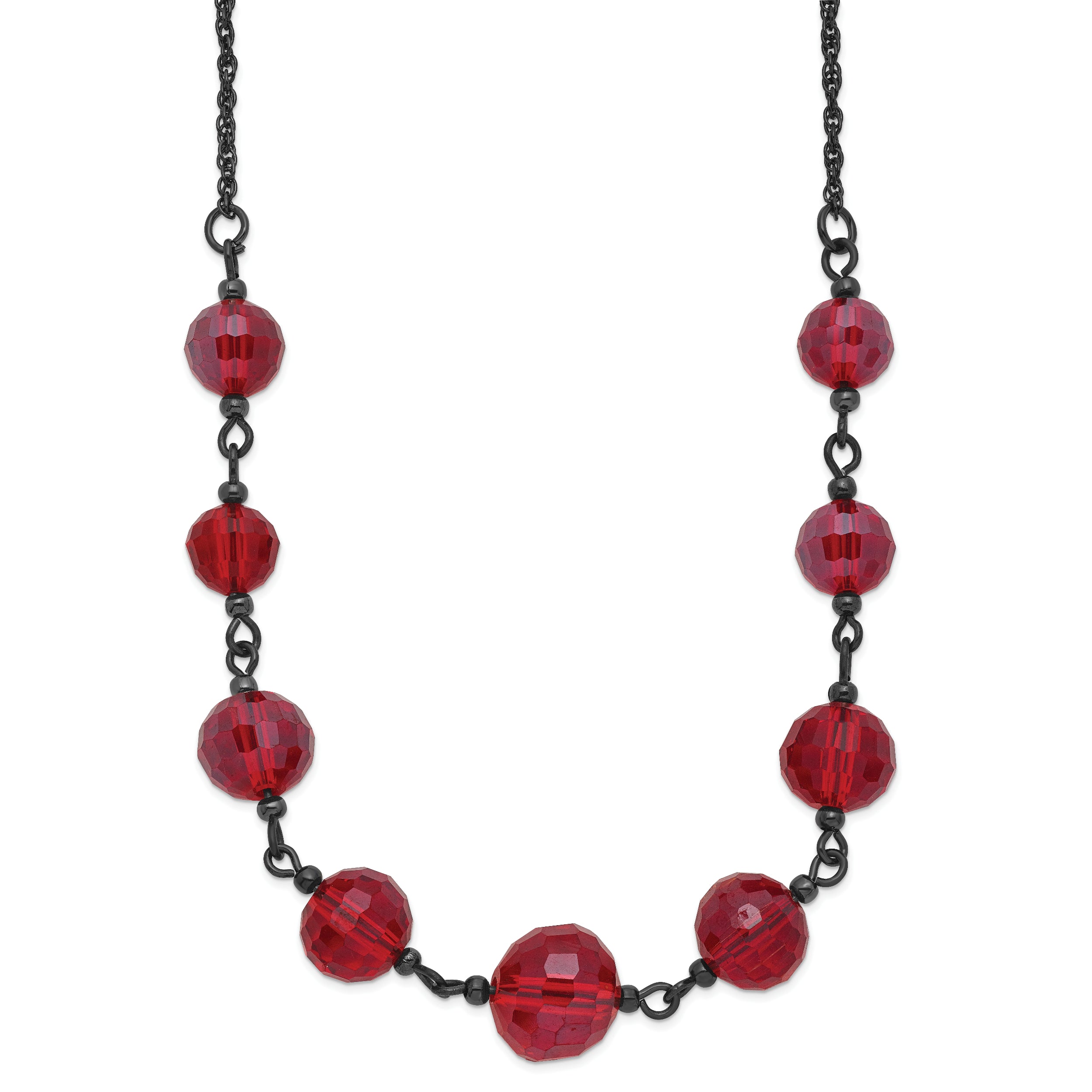 1928 Jewelry Black-plated Red Glass Faceted Graduated Bead 16 inch Necklace with 3 inch extension