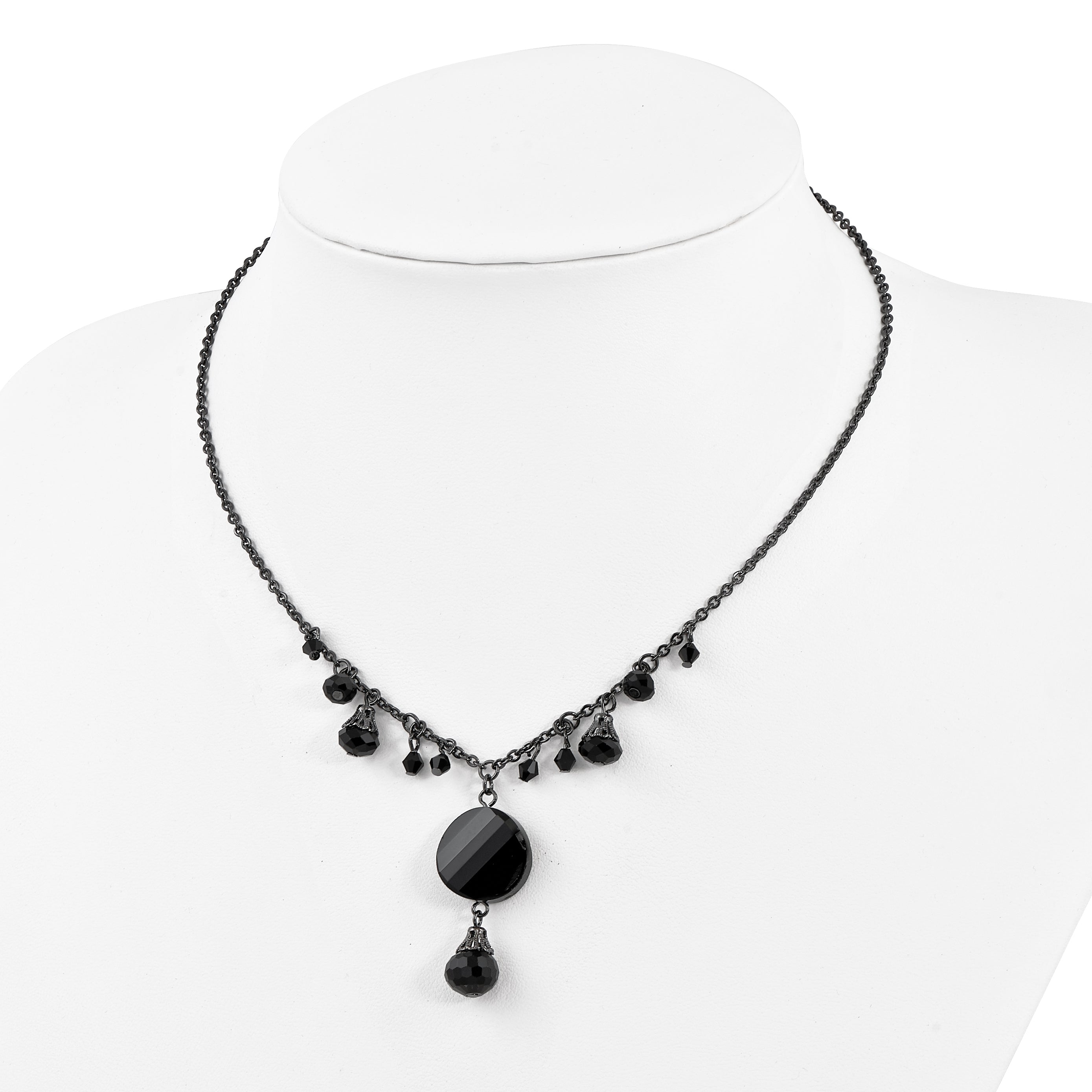 1928 Jewelry Black-plated Jet Black Faceted Glass Dangle Beads 16 inch Necklace with 3 inch extension