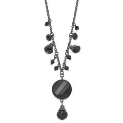 1928 Jewelry Black-plated Jet Black Faceted Glass Dangle Beads 16 inch Necklace with 3 inch extension