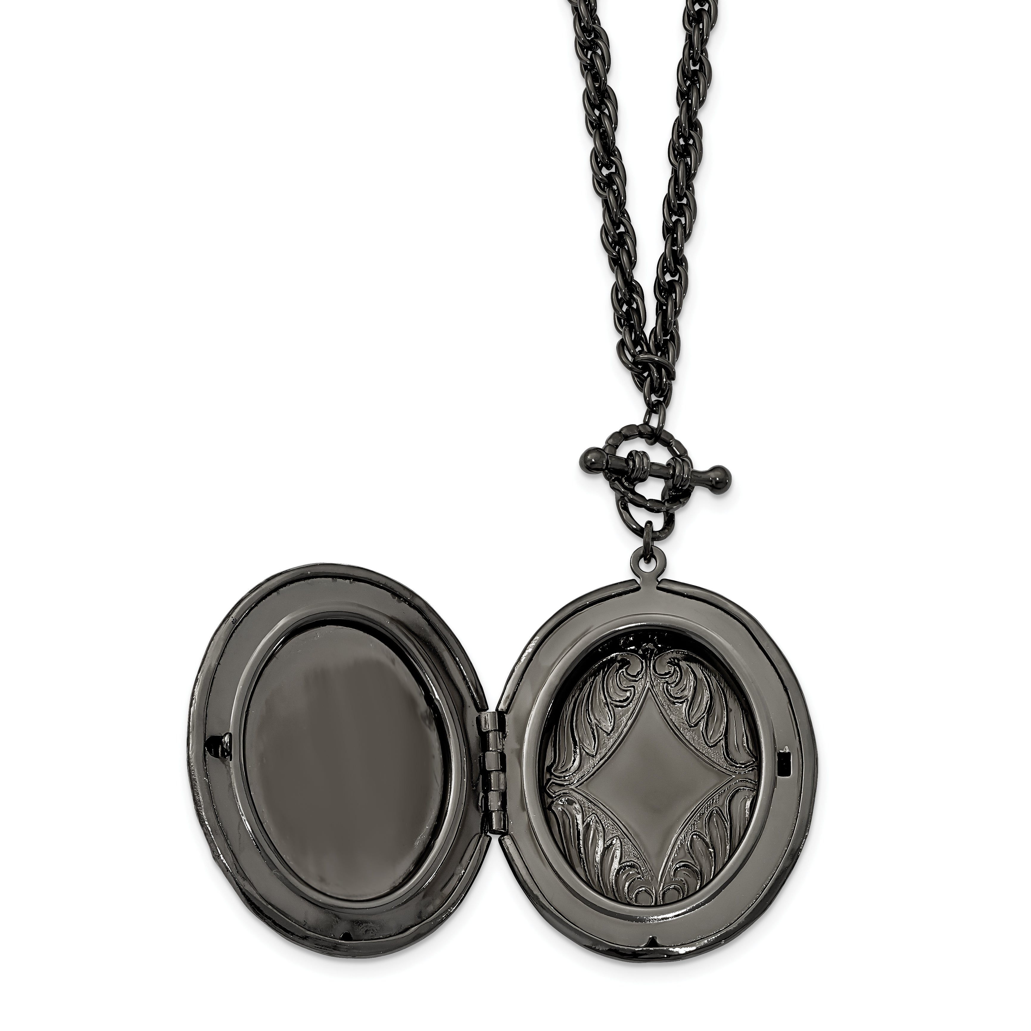 1928 Jewelry Black-plated 47mm Oval Locket with Victorian Woman 30 inch Necklace Holds 2 Photos