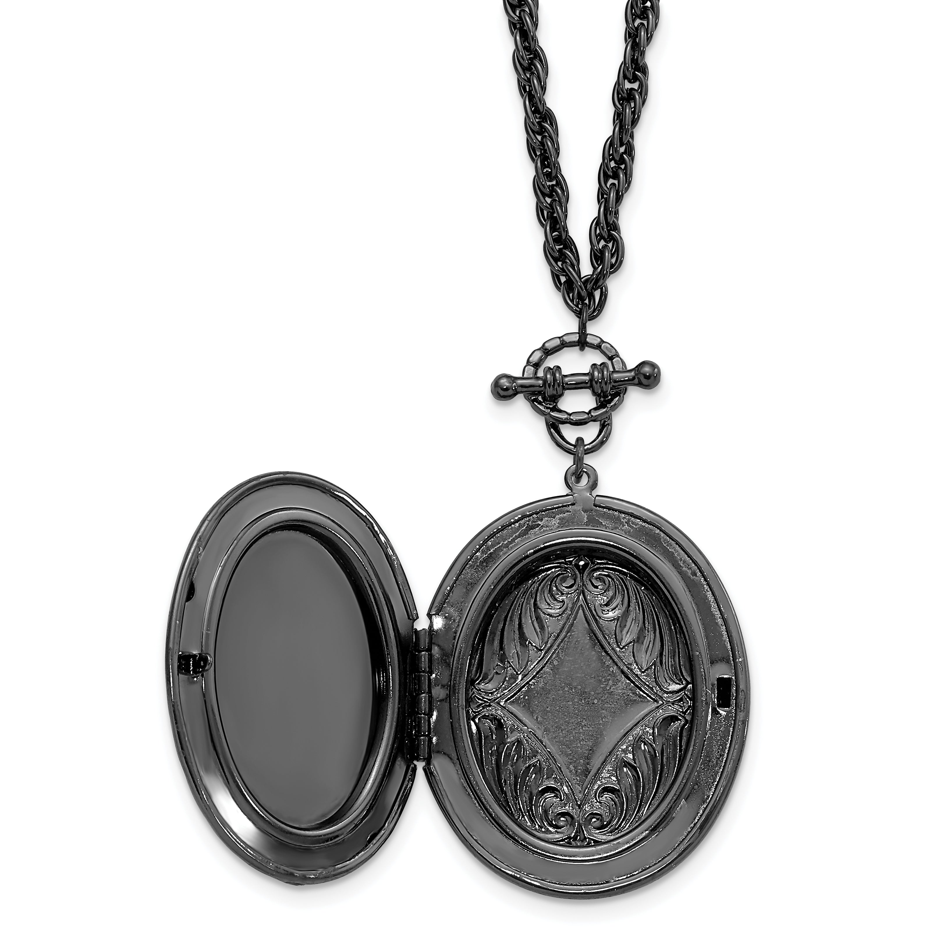 1928 Jewelry Black-plated 47mm Oval Locket with Victorian Woman 30 inch Necklace Holds 2 Photos