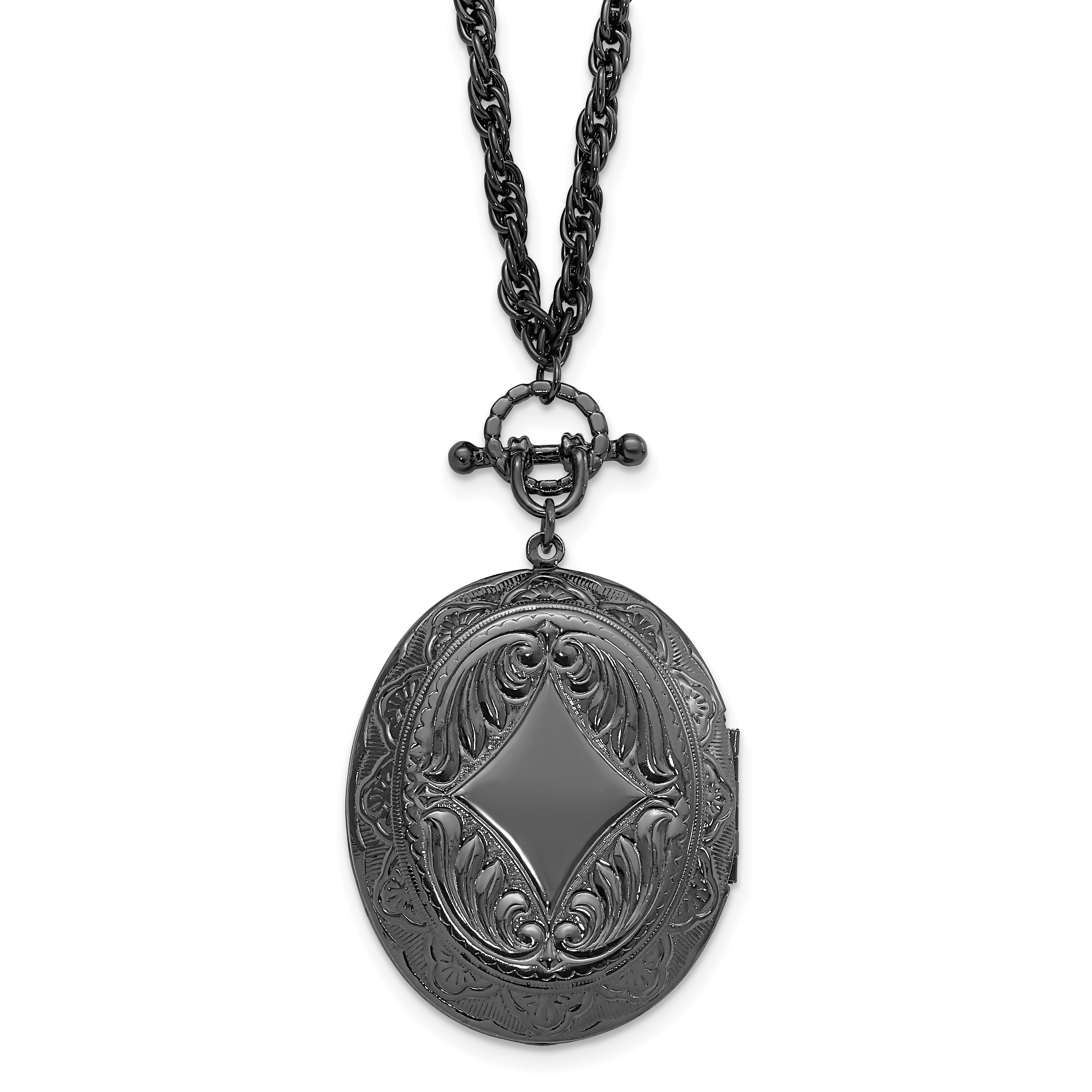 1928 Jewelry Black-plated 47mm Oval Locket with Victorian Woman 30 inch Necklace Holds 2 Photos