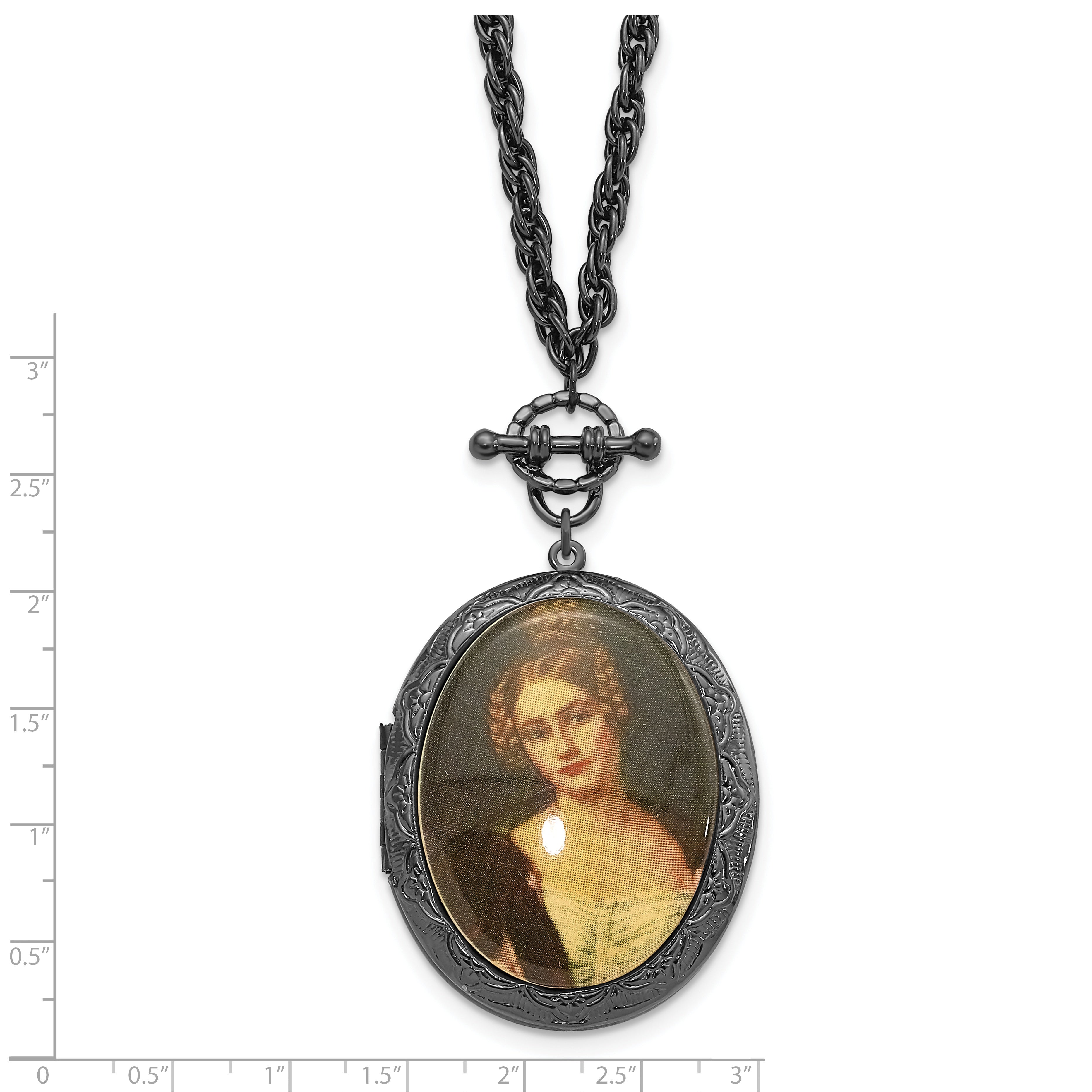 1928 Jewelry Black-plated 47mm Oval Locket with Victorian Woman 30 inch Necklace Holds 2 Photos