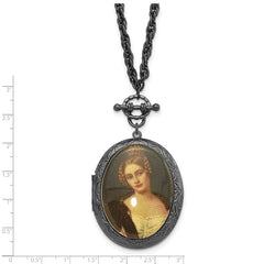 1928 Jewelry Black-plated 47mm Oval Locket with Victorian Woman 30 inch Necklace Holds 2 Photos