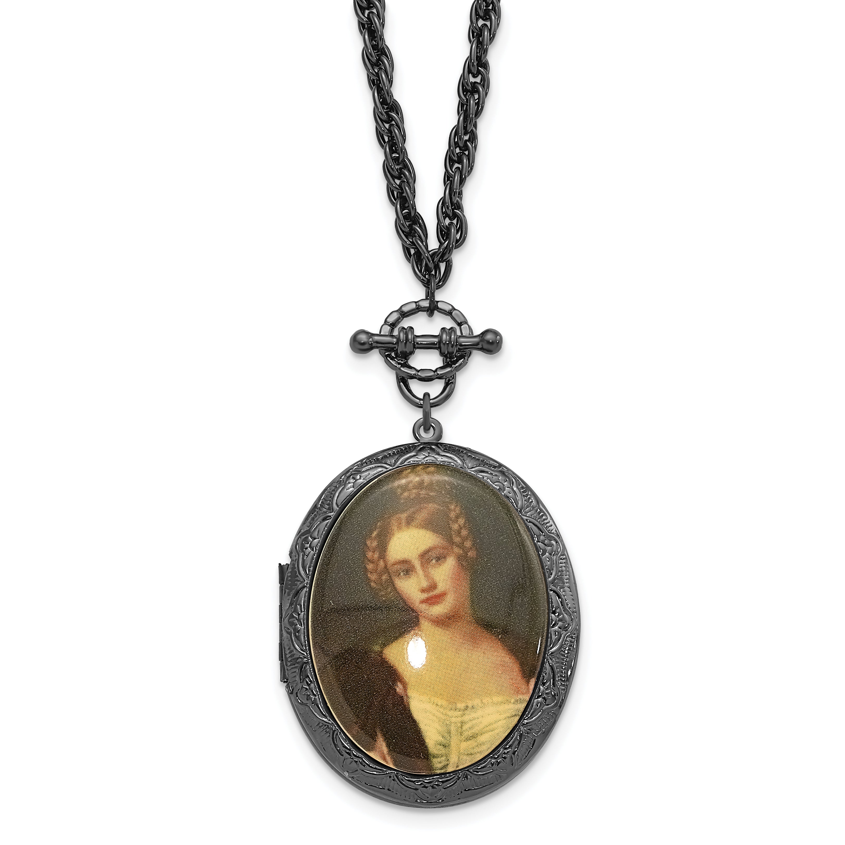 1928 Jewelry Black-plated 47mm Oval Locket with Victorian Woman 30 inch Necklace Holds 2 Photos