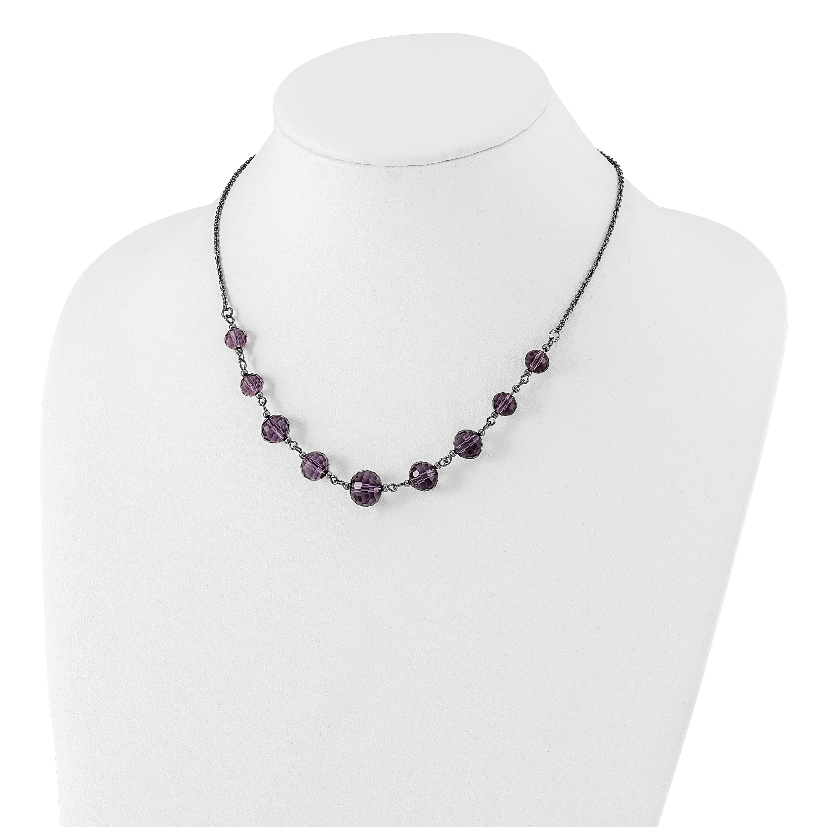 1928 Black-plated Smokey Purple Glass Faceted Graduated Bead 16 inch Necklace with 3 inch extension