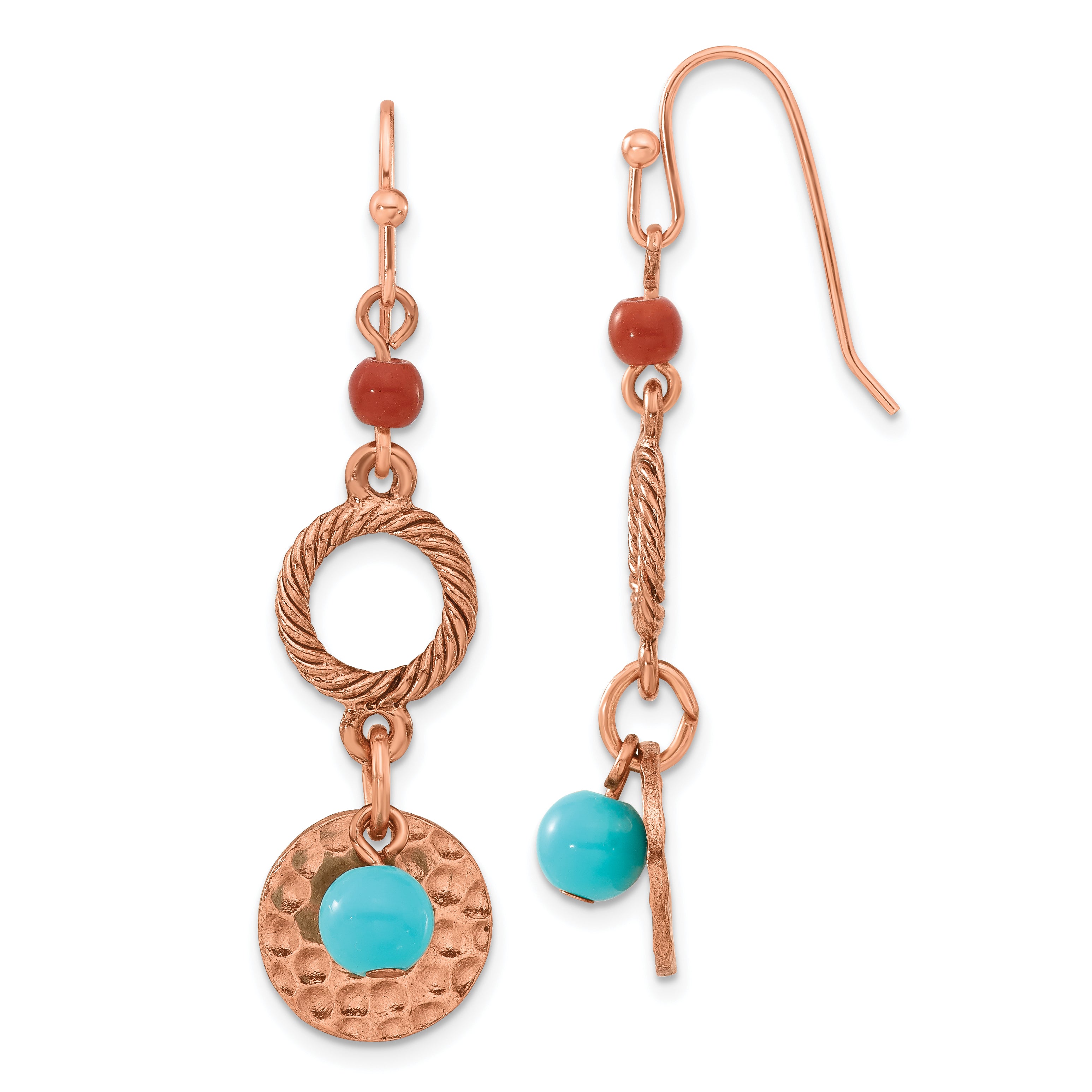 1928 Jewelry Copper-tone Textured and Hammered Aqua and Brown Acrylic Beads Dangle Earrings