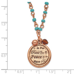 1928 Jewelry Copper-tone and Aqua Acrylic Bead Link Brown Acrylic Bead and Polished Peace Pendant 16 in Necklace with 3 inch extension