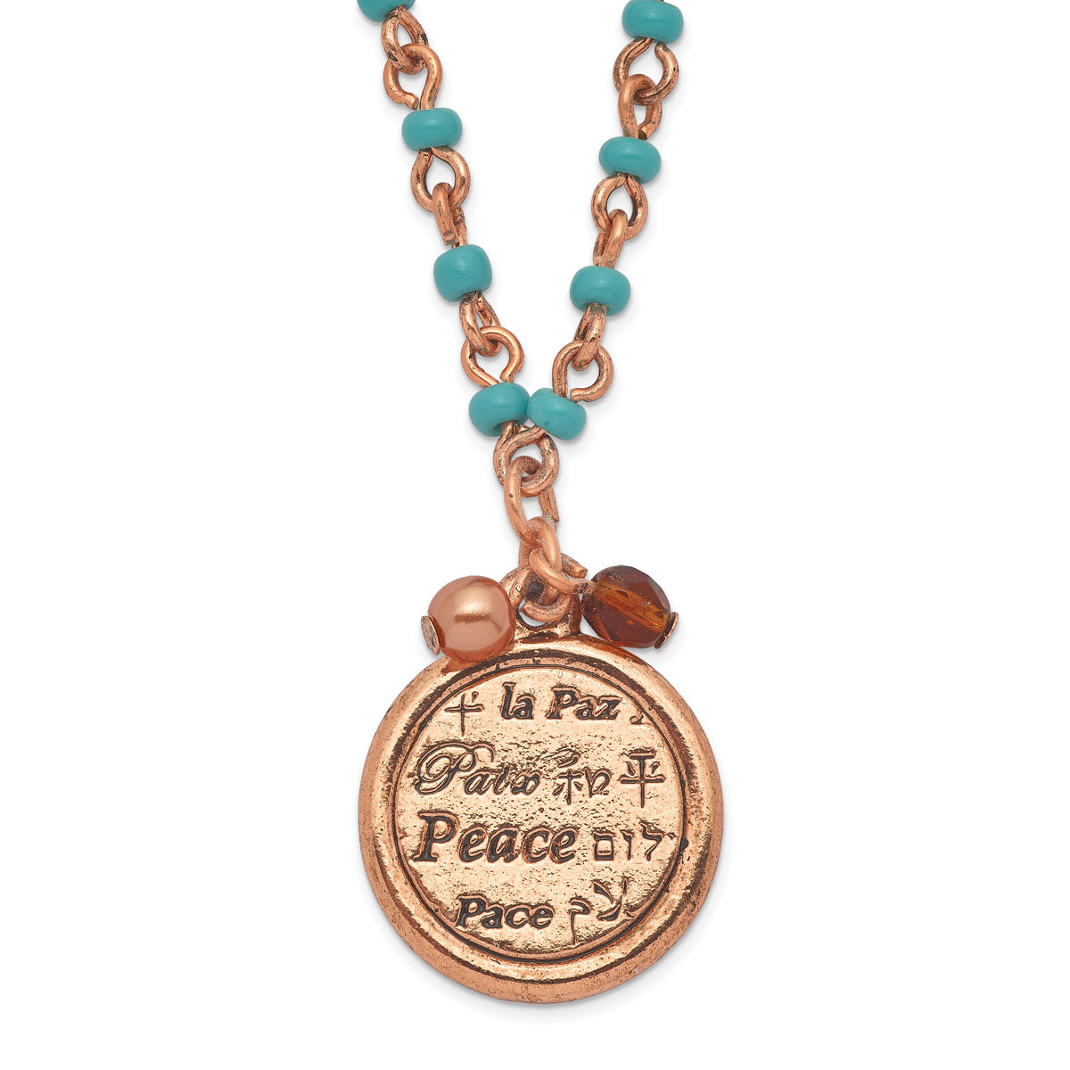 1928 Jewelry Copper-tone and Aqua Acrylic Bead Link Brown Acrylic Bead and Polished Peace Pendant 16 in Necklace with 3 inch extension