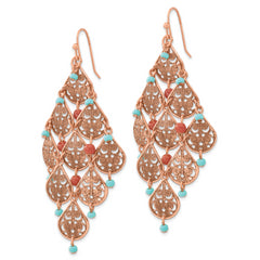 1928 Jewelry Copper-tone Filigree Pear Shaped and Aqua and Brown Acrylic Beads Dangle Chandelier Earrings