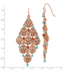 1928 Jewelry Copper-tone Filigree Pear Shaped and Aqua and Brown Acrylic Beads Dangle Chandelier Earrings